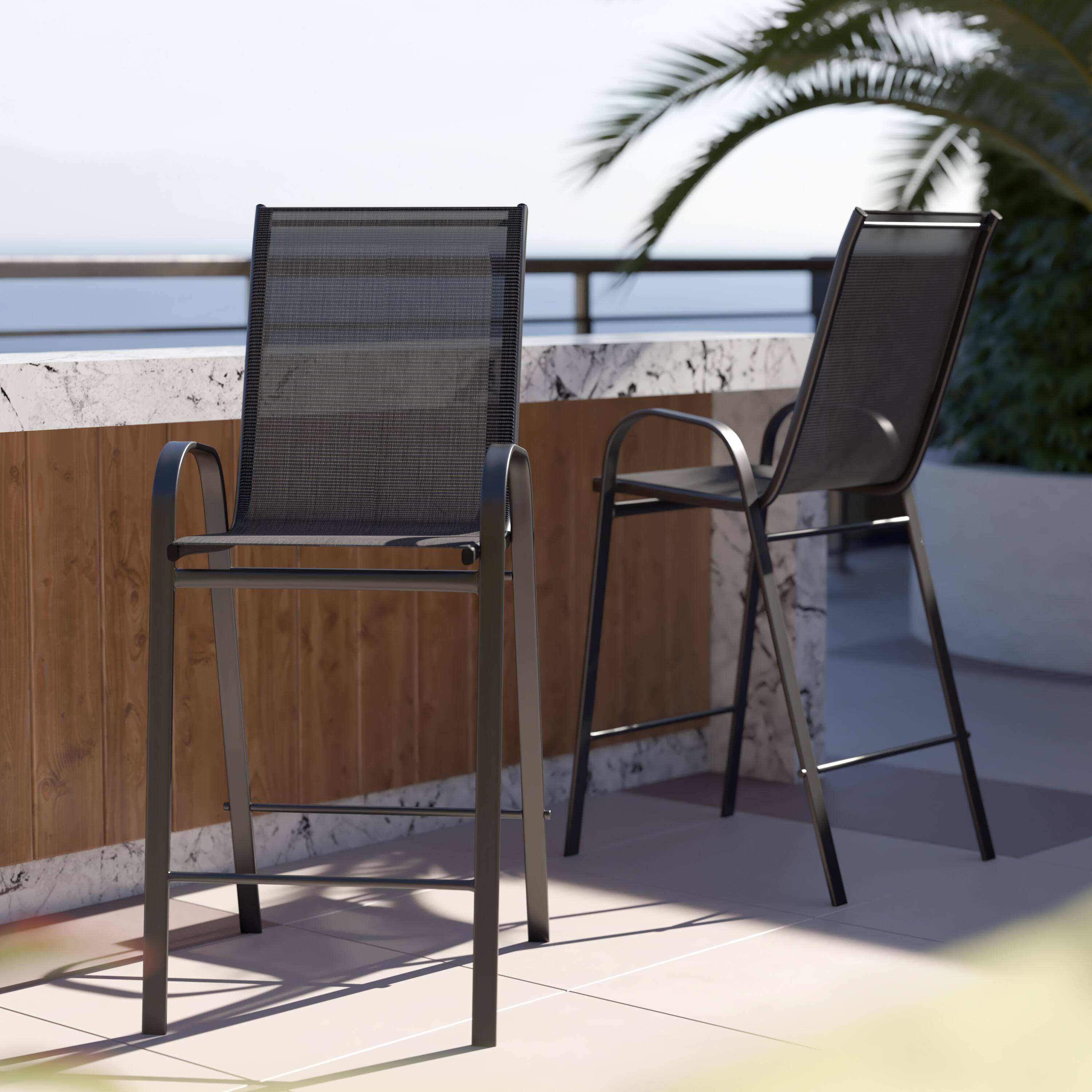 Alt View 2. Emma + Oliver - 2 Pack Outdoor Barstools with Flex Comfort Material-Patio Stool - Black.