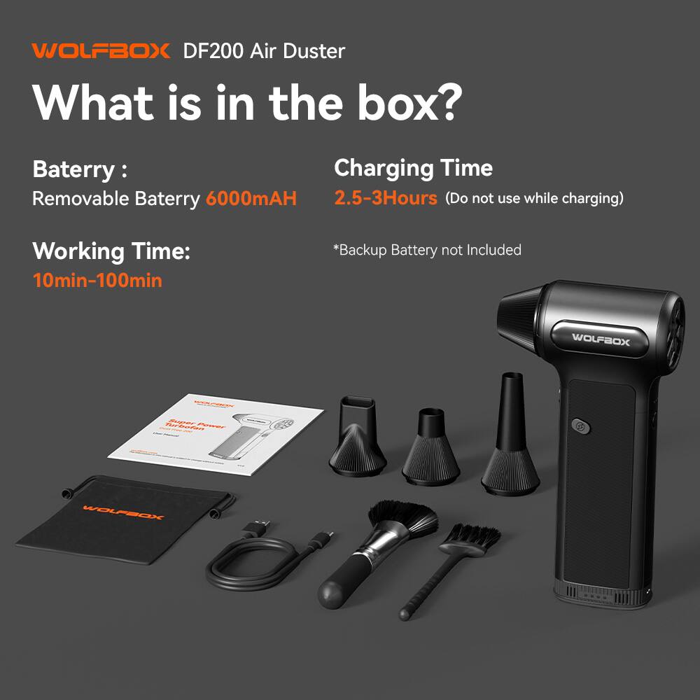 WOLFBOX DF200 Air Duster  
What is in the box?  

Battery:  
- Removable Battery 6000mAH  

Charging Time:  
- 2.5-3 Hours (Do not use while charging)  

Working Time:  
- 10min-100min  

*Backup Battery not Included  

WOLFBOX WC Aasee HitEareR Power  
WOLFSOX