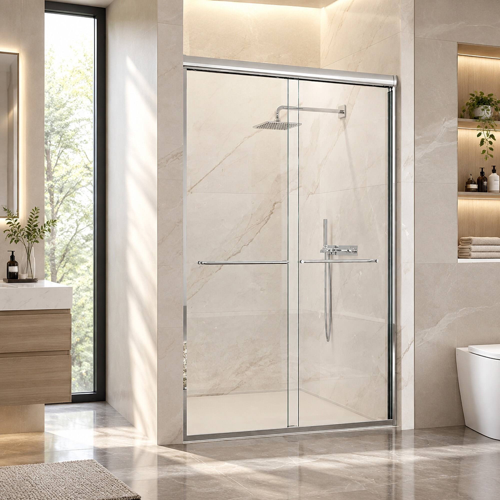 Angle. RYHNUYNE - 44-48" W X 72" H Semi-Frameless Double Sliding Shower Door With 1/4" Tempered Glass, Chrome Finish - Chrome.