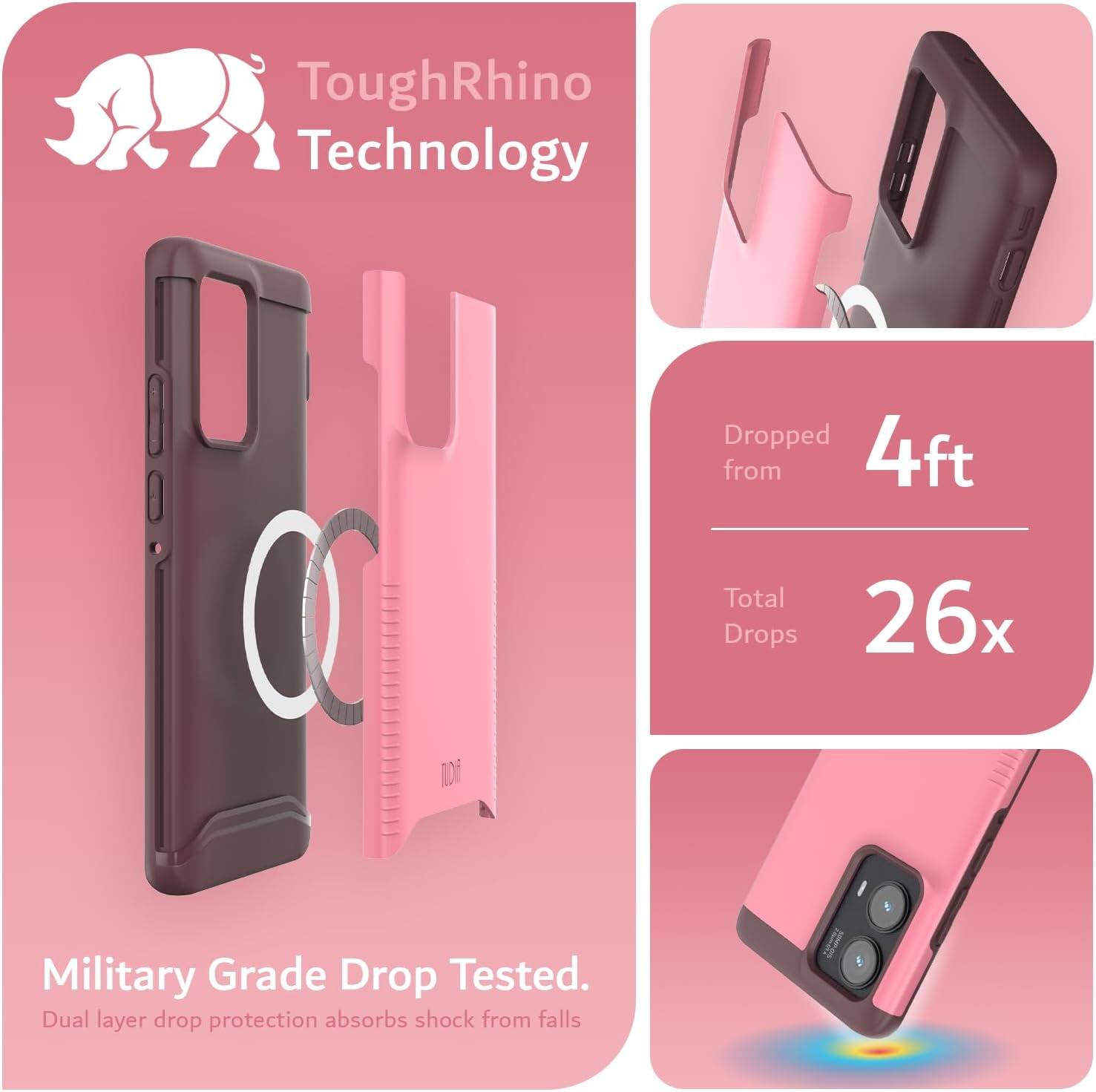 ToughRhino Technology

Dropped from 4ft  
Total Drops 26x

Military Grade Drop Tested.  
Dual layer drop protection absorbs shock from falls