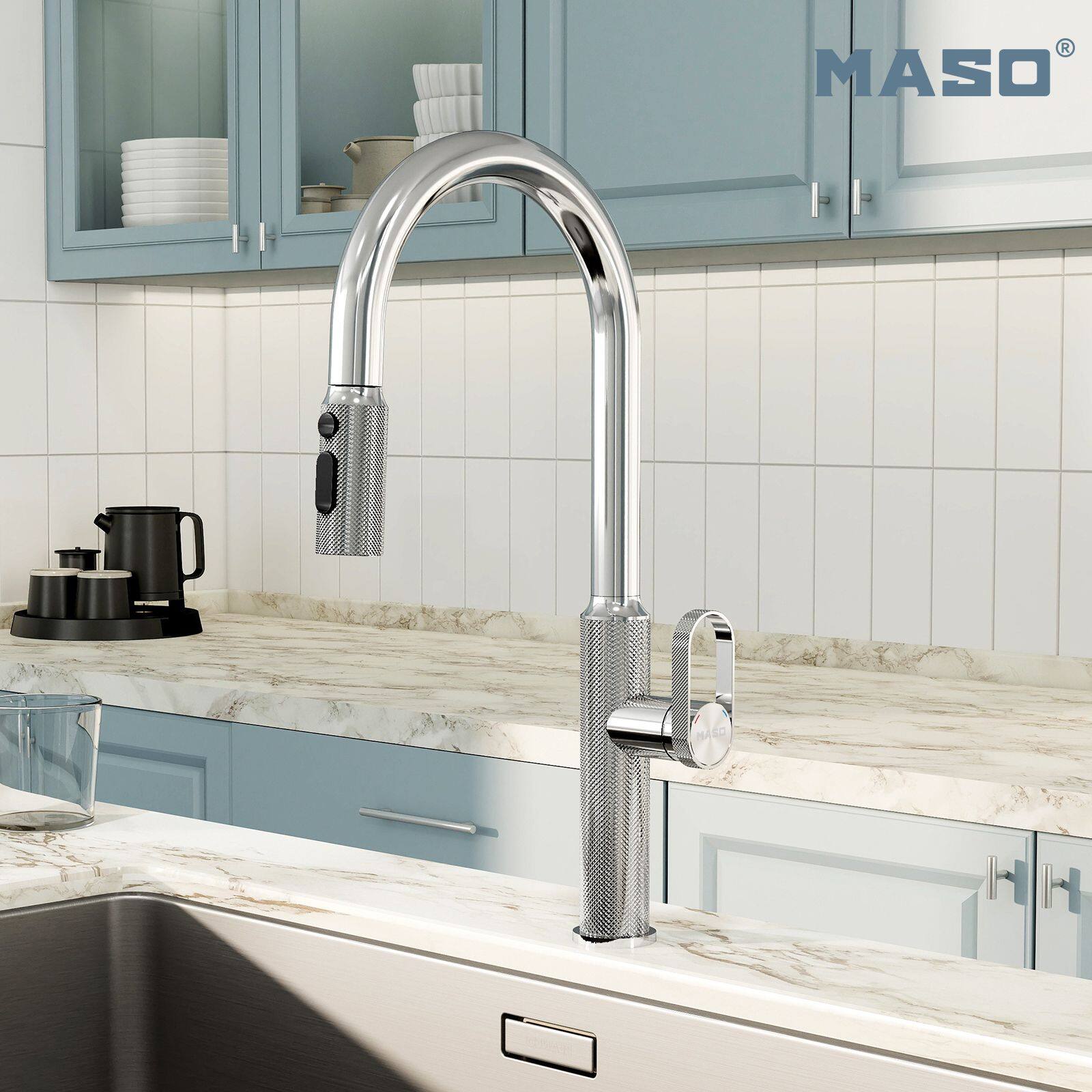 Angle. ENZE - Pull-Out Kitchen Faucet with 360° Swivel Modern Black Rubber Neck Single Handle Single Hole Sink Faucet 2 Spray Modes - Chrome.