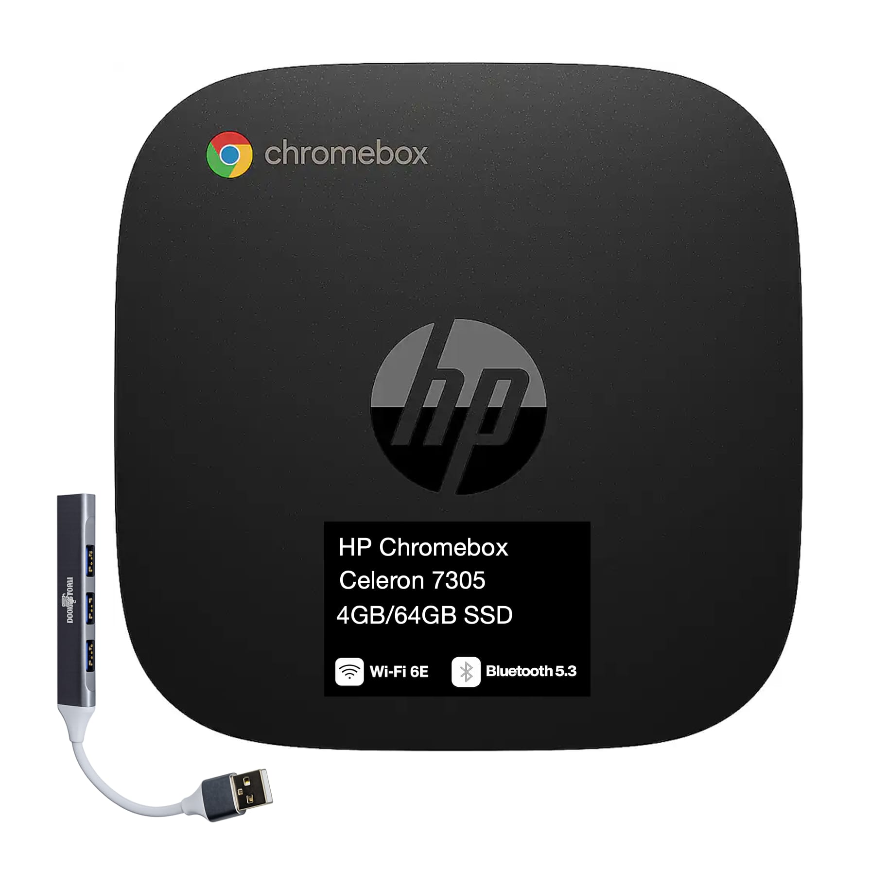 HP - Chromebox Desktop (Celeron 7305, 4GB, 64GB SSD, Intel UHD, WiFi 6E, Bluetooth 5.3, Chrome OS) w/USB Hub - Black