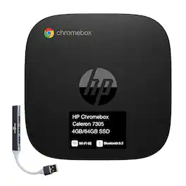 HP - Chromebox Desktop (Celeron 7305, 4GB, 64GB SSD, Intel UHD, WiFi 6E, Bluetooth 5.3, Chrome OS) w/USB Hub - Black