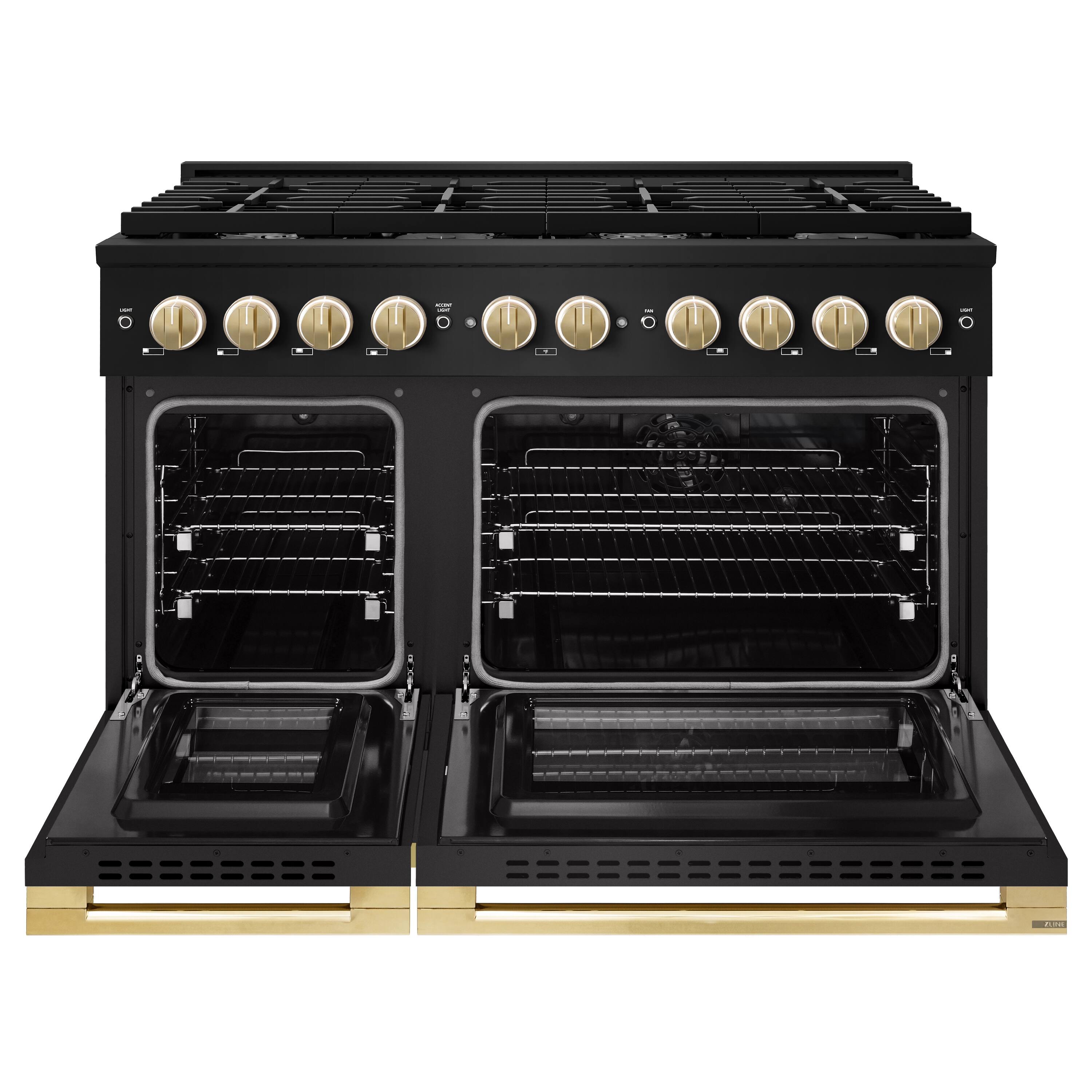 Angle. ZLINE - Autograph 48 in. 6.7 cu. ft. Marino Dual Fuel Freestanding Range with 8 Gas Burners in Black Steel with Gold Accents - Black Stainless Steel.