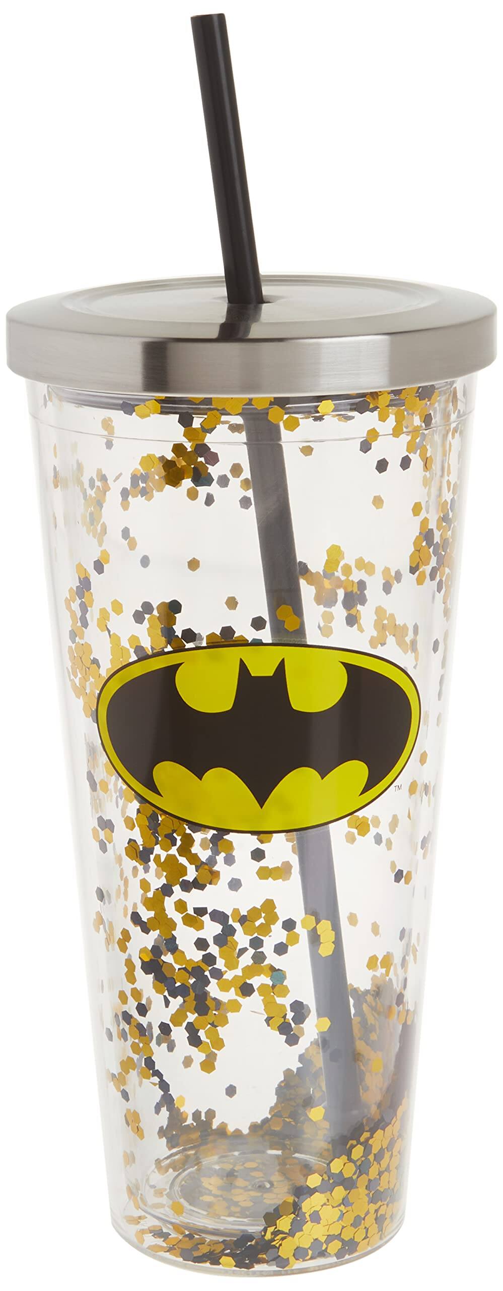 Alt View 3. Spoontiques - Spoontiques DC Comics Batman Logo Double Walled Insulated Acrylic Tumbler Glitter Cup with Straw 20 ounce - Multicolor.