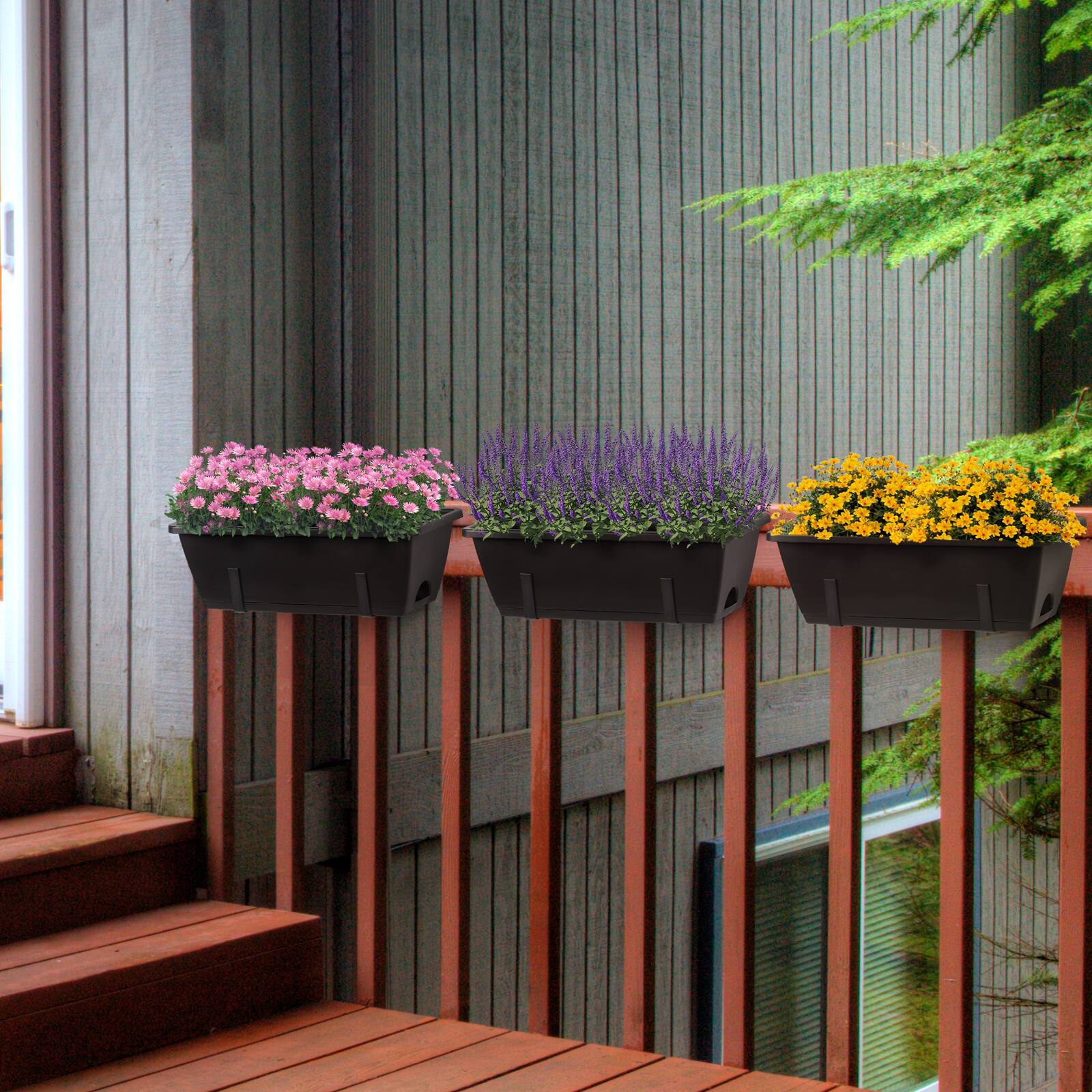 Back. Oumilen - 4-Pack Black Window Box Planters with Adjustable Black Railing Mount Brackets.