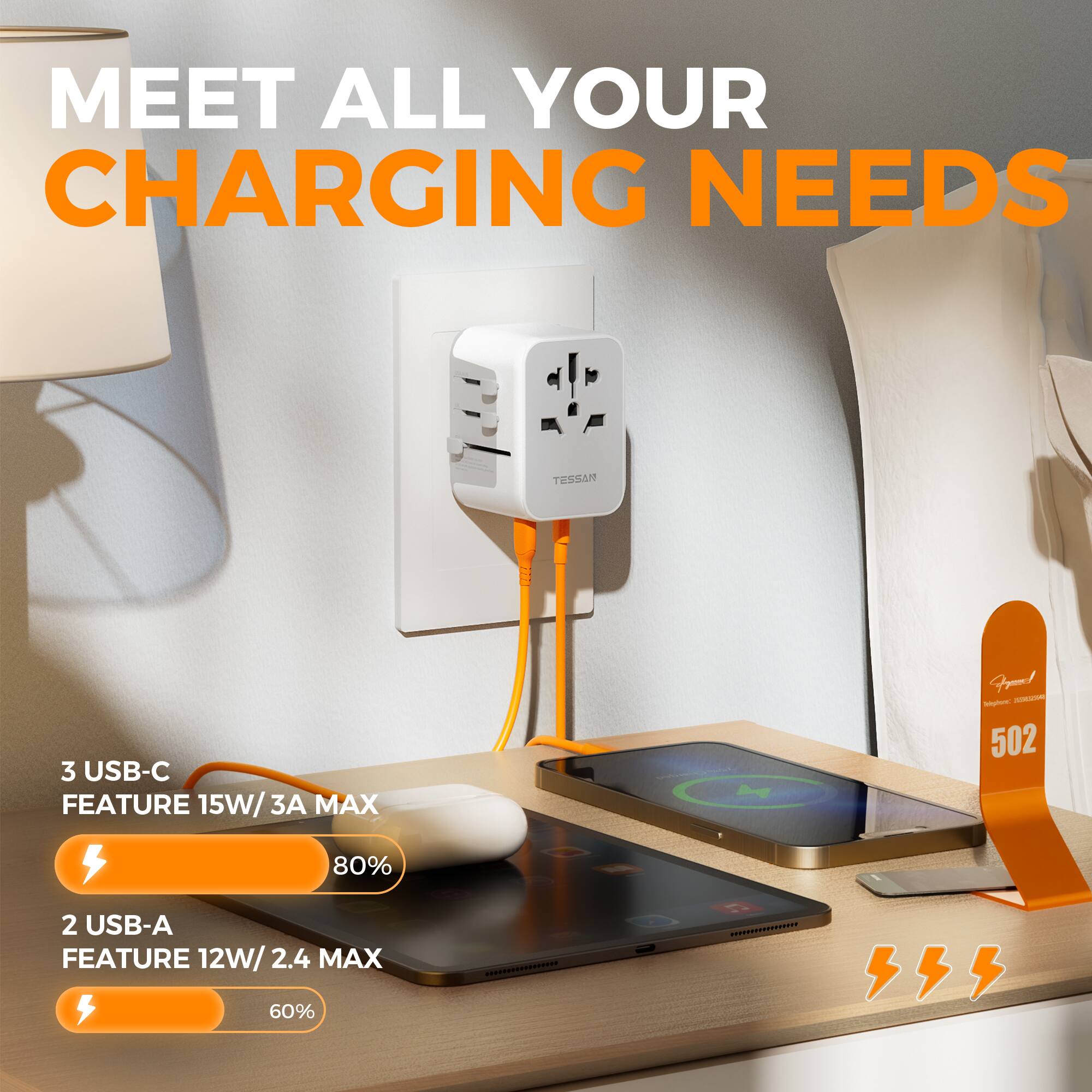 MEET ALL YOUR CHARGING NEEDS

TESSAN 3 USB-C FEATURE 15W/ 3A MAX 80%

2 USB-A FEATURE 12W/ 2.4 MAX 60%