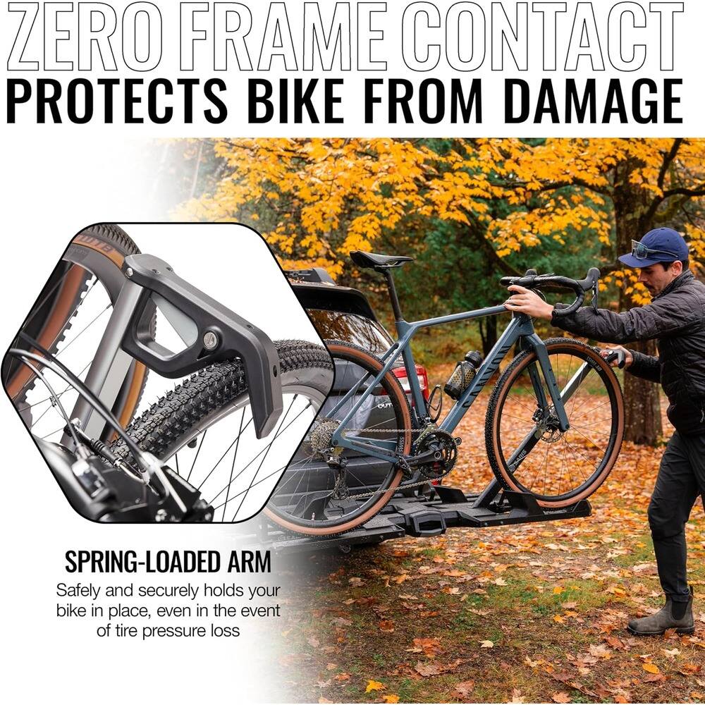 ZERO FRAME CONTACT  
PROTECTS BIKE FROM DAMAGE  

SPRING-LOADED ARM  
Safely and securely holds your bike in place, even in the event of tire pressure loss