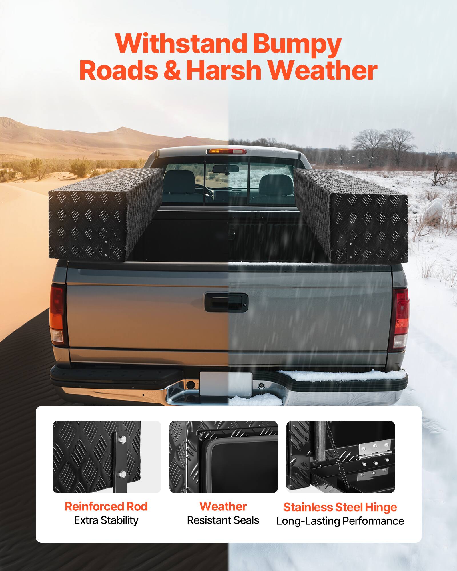 Withstand Bumpy Roads & Harsh Weather

- Reinforced Rod: Extra Stability
- Weather Resistant Seals
- Stainless Steel Hinge: Long-Lasting Performance