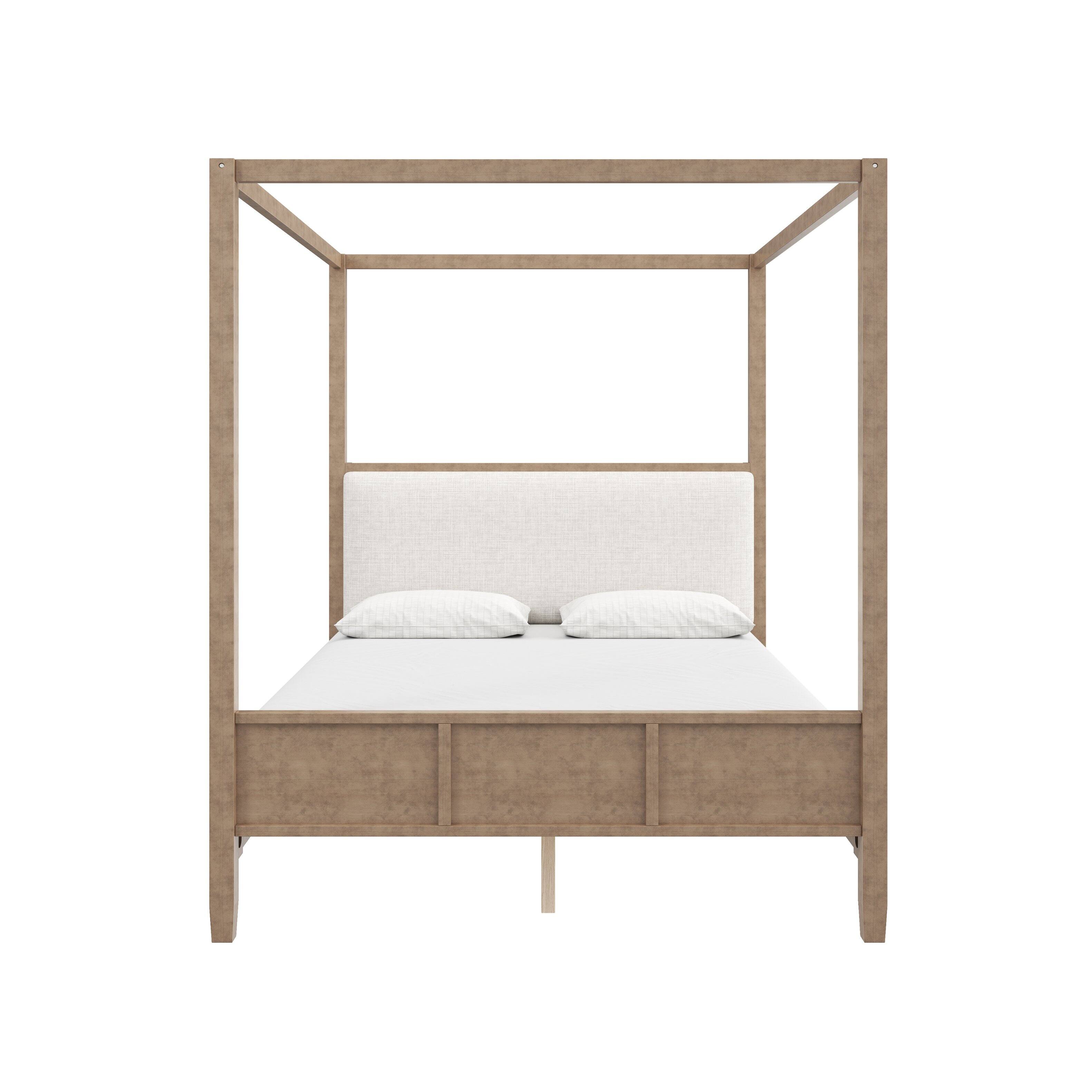 Back. Whisen - Queen size Wooden Canopy Platform bed with Upholstery Headboard for Bedroom, No Box Spring Needed - Natural Walnut.