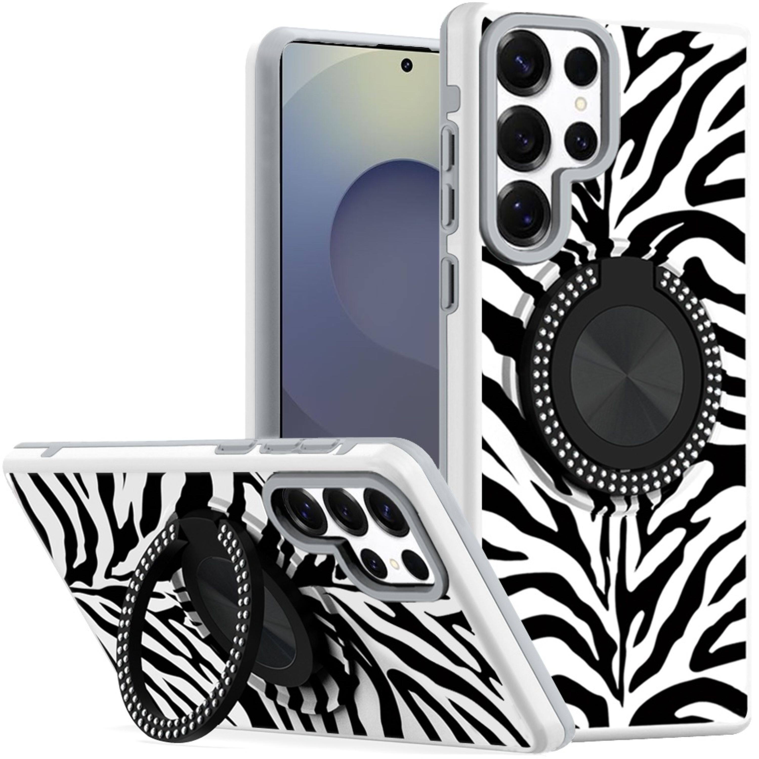 Front. Kitcheniva - Printed Design Case With Bling 360 Stand Plus Tempered Glass For Samsung S25 Ultra Zebra - Multicolor.