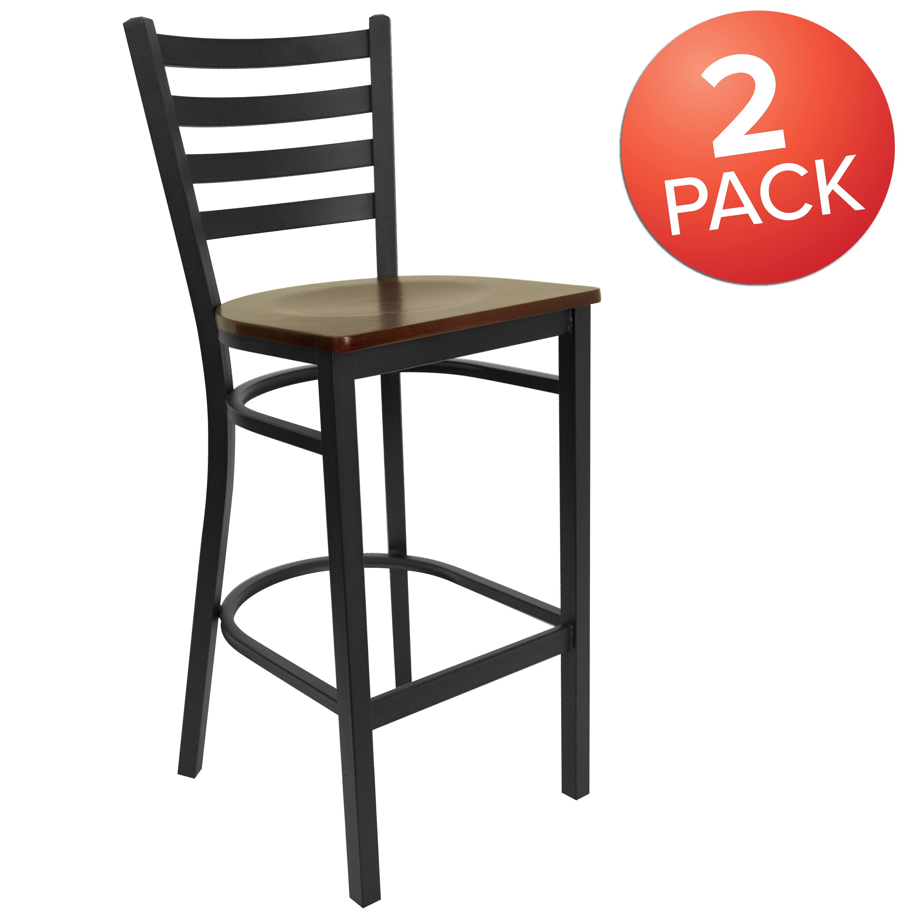Alt View 1. Emma + Oliver - 2 Pack Ladder Back Metal Restaurant Barstool - Mahogany Wood Seat/Black Metal Frame.