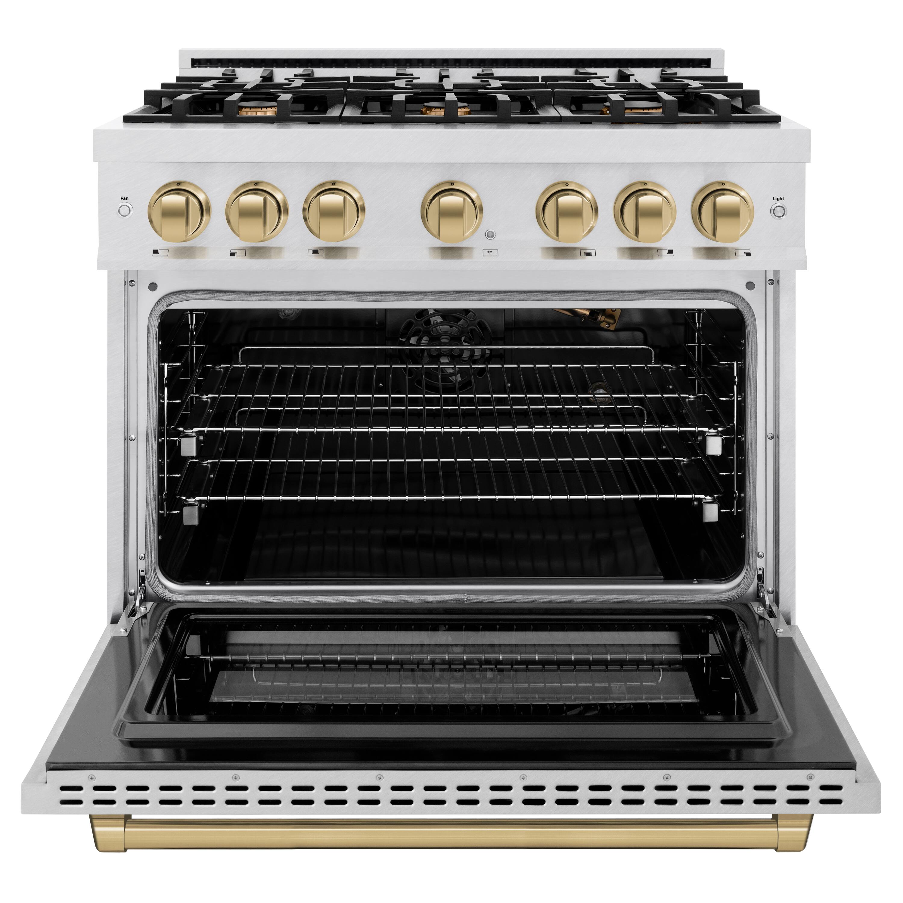 Left. ZLINE - ZLINE Autograph 36 in. 5.2 cu. ft. Freestanding Select Satin Steel Gas Range w/ 6 Burners & Bronze Accents - Satin Stainless Steel.