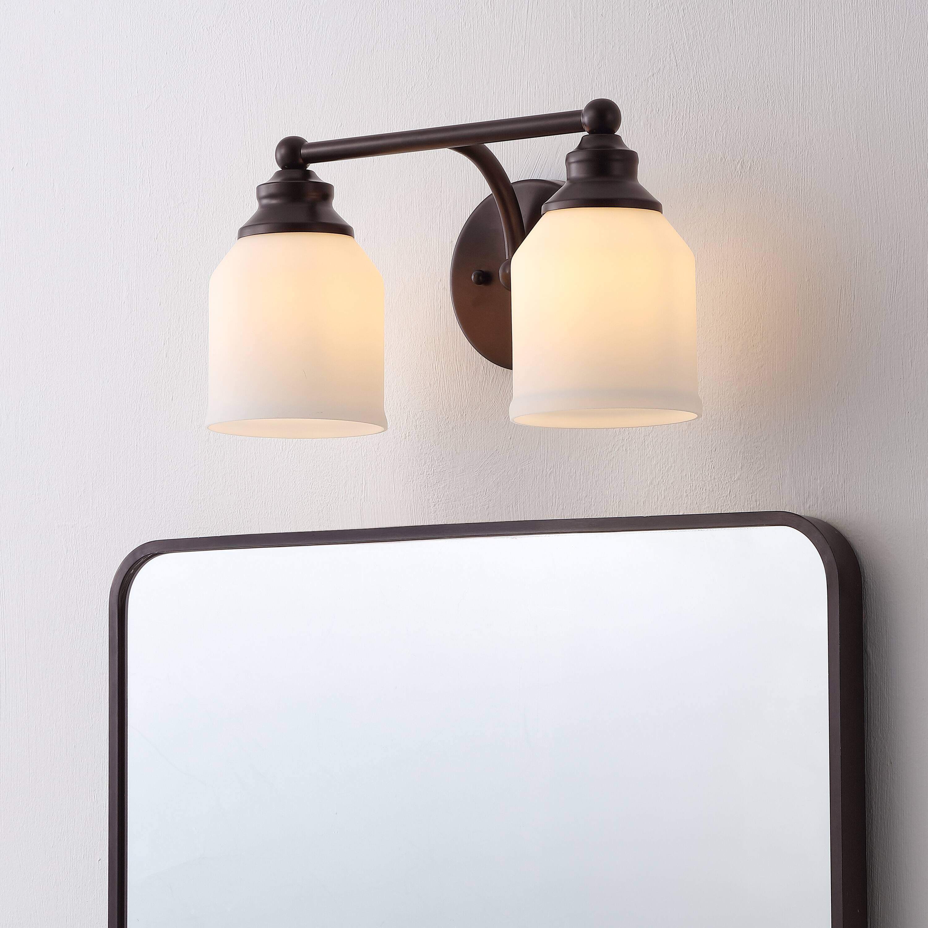Alt View 1. Jonathan Y - Lydia 14" 2-Light Farmhouse Cottage Metal LED Vanity Light with Frosted Glass Shades, Oil Rubbed Bronze - Oil Rubbed Bronze.