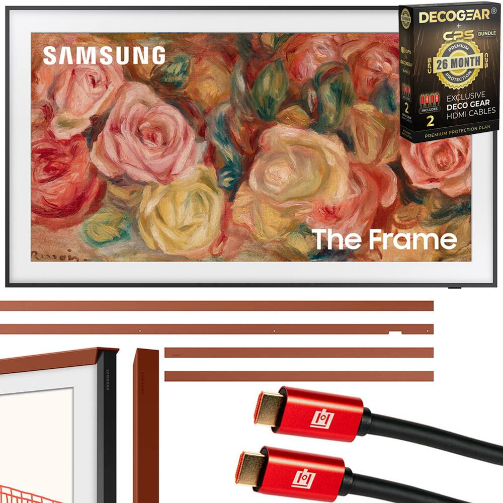 SAMSUNG  
The Frame  

DECOCGEAR + CPS BUNDLE  
CPS 26 MONTH PROTECTION  
EXCLUSIVE DECO GEAR HDMI CABLES  
PREMIUM PROTECTION PLAN  

CPS  
26 MONTH  
PROTECTION  
EXCLUSIVE  
DECO GEAR  
HDMI CABLES  
PREMIUM PROTECTION PLAN