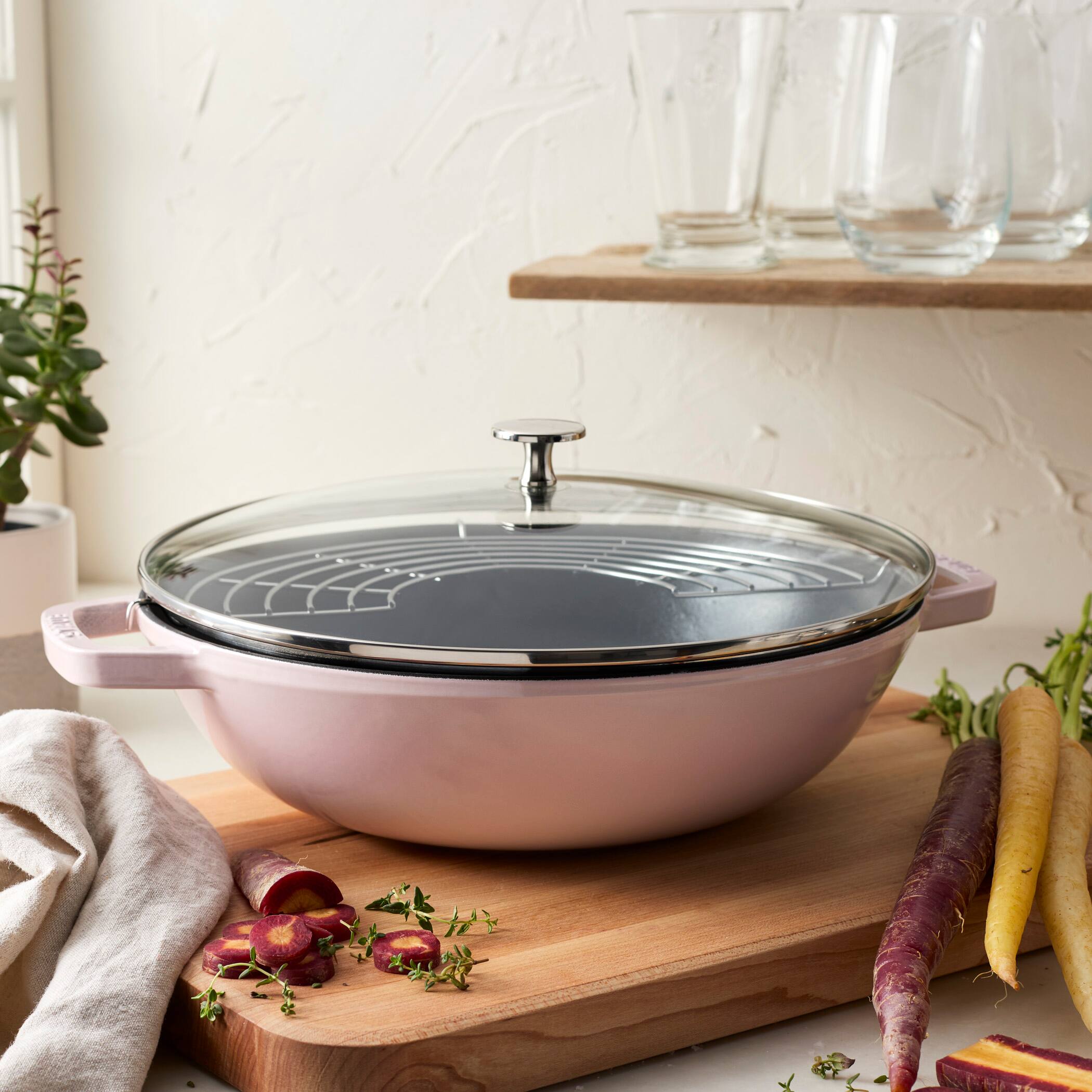 Alt View 1. Staub - Staub Cast Iron Perfect Pan , Wok, 4.5-quart,  serves 4-5, Made in France, Peony Pink - Pink Peony.