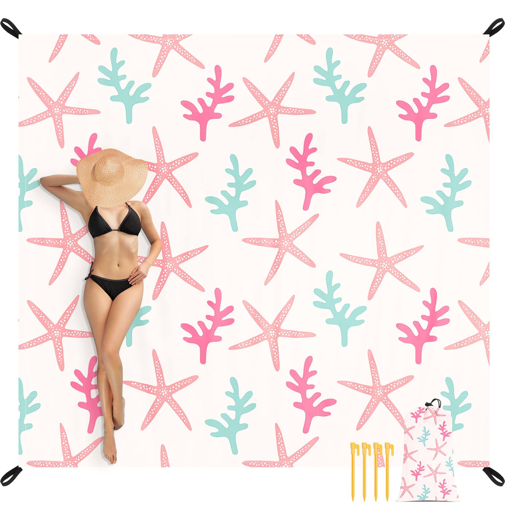 Front. Reds Spade - *Extra Large Sandproof Beach Blanket 4-8 Adults Waterproof Foldable Picnic Blankets With 4 Stakes & Pockets... - Pink Starfish-6.5x7.2 FT (1~4 person).