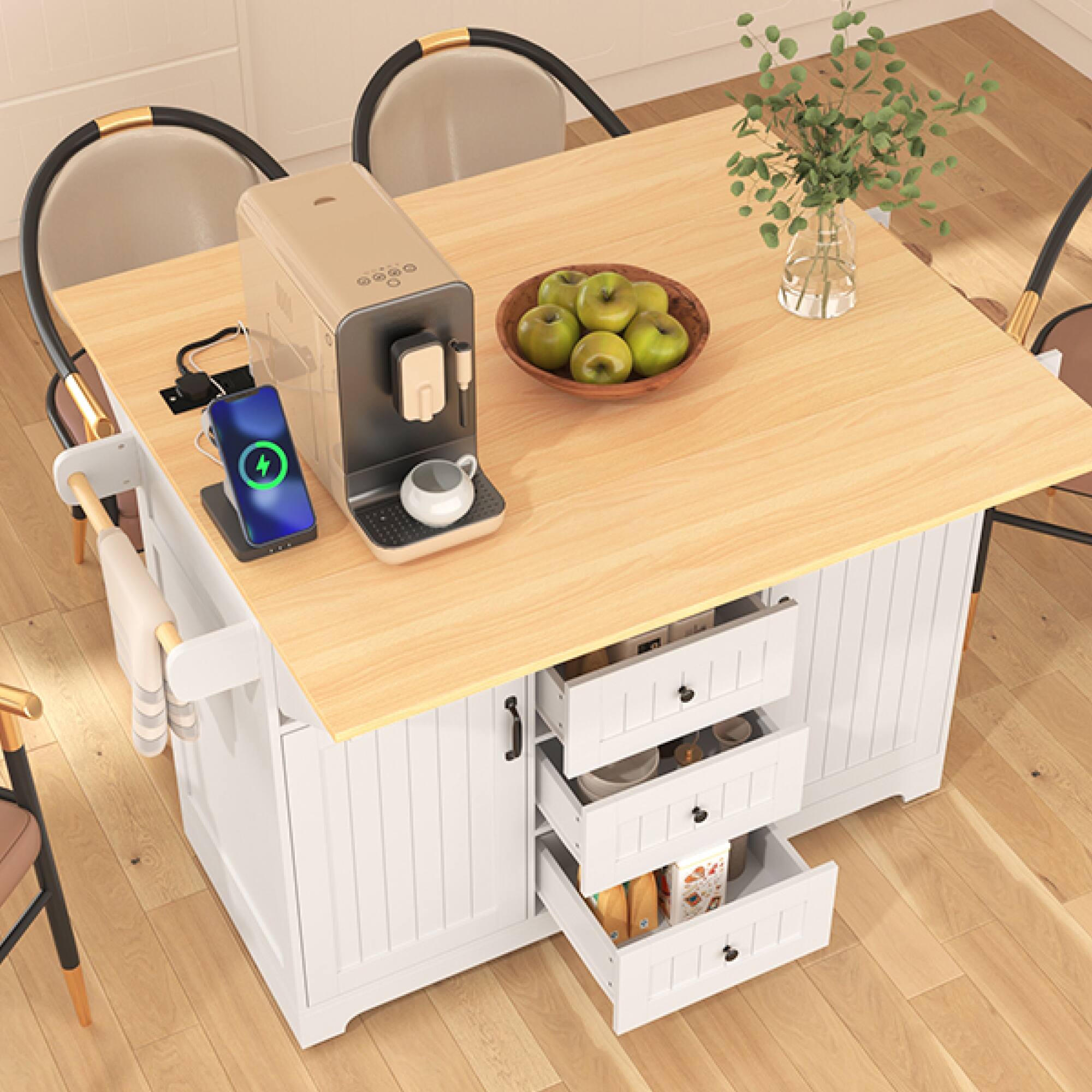 Alt View 2. ELEMENT ACE - Multifunctional Kitchen Island Cart with Drop Leaf Extensions, Power Outlets, and Ample Storage for Modern Kitchens - White.
