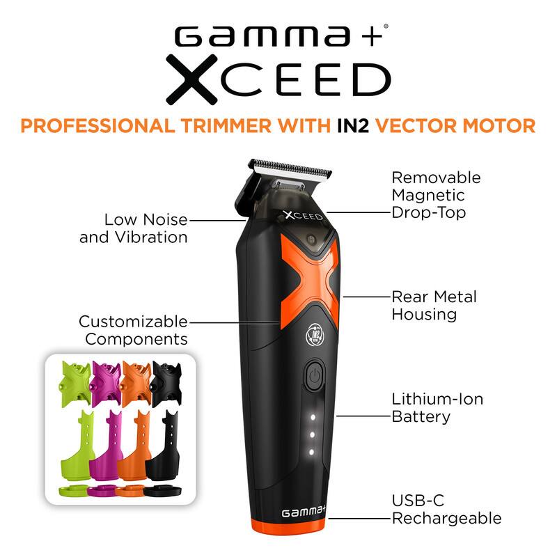 Gamma + XCEED PROFESSIONAL TRIMMER WITH IN2 VECTOR MOTOR

- Low Noise and Vibration
- Removable Magnetic Drop-Top
- Customizable Components
- Rear Metal Housing
- Lithium-Ion Battery
- USB-C Rechargeable