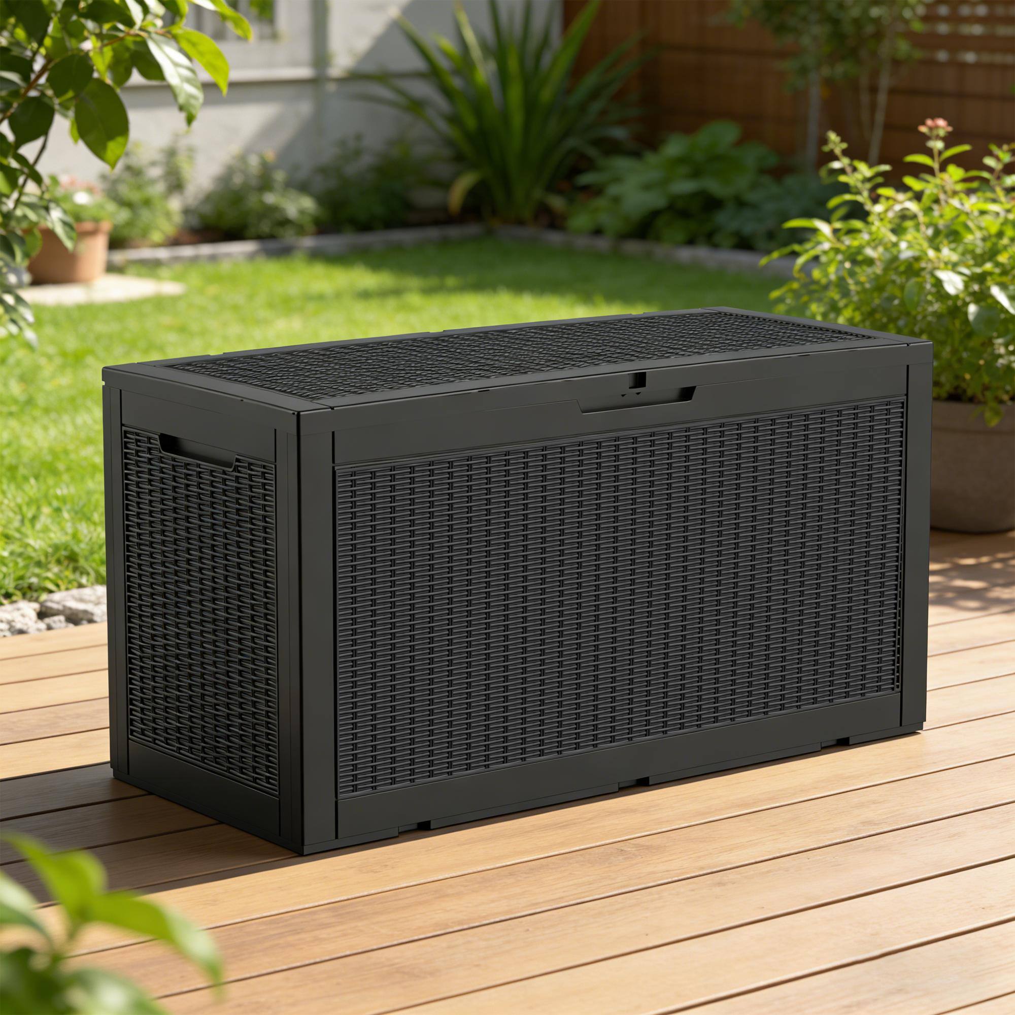 Left. Yardgrace - 100 Gal Resin Deck Box, Lockable Patio Outdoor Storage Box for Furniture, Garden Tools, Waterproof Outside Storage Boxes - black.