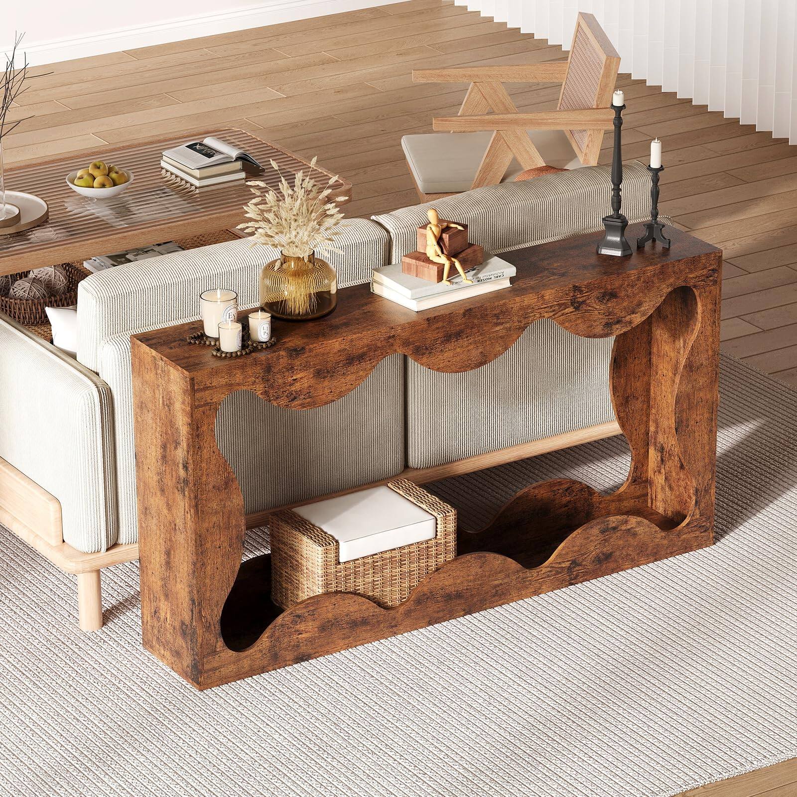 Back. Qeetex - 63" Farmhouse Console Table with Scalloped Design, Narrow Entryway Sofa Table with Storage for Hallway - Brown.