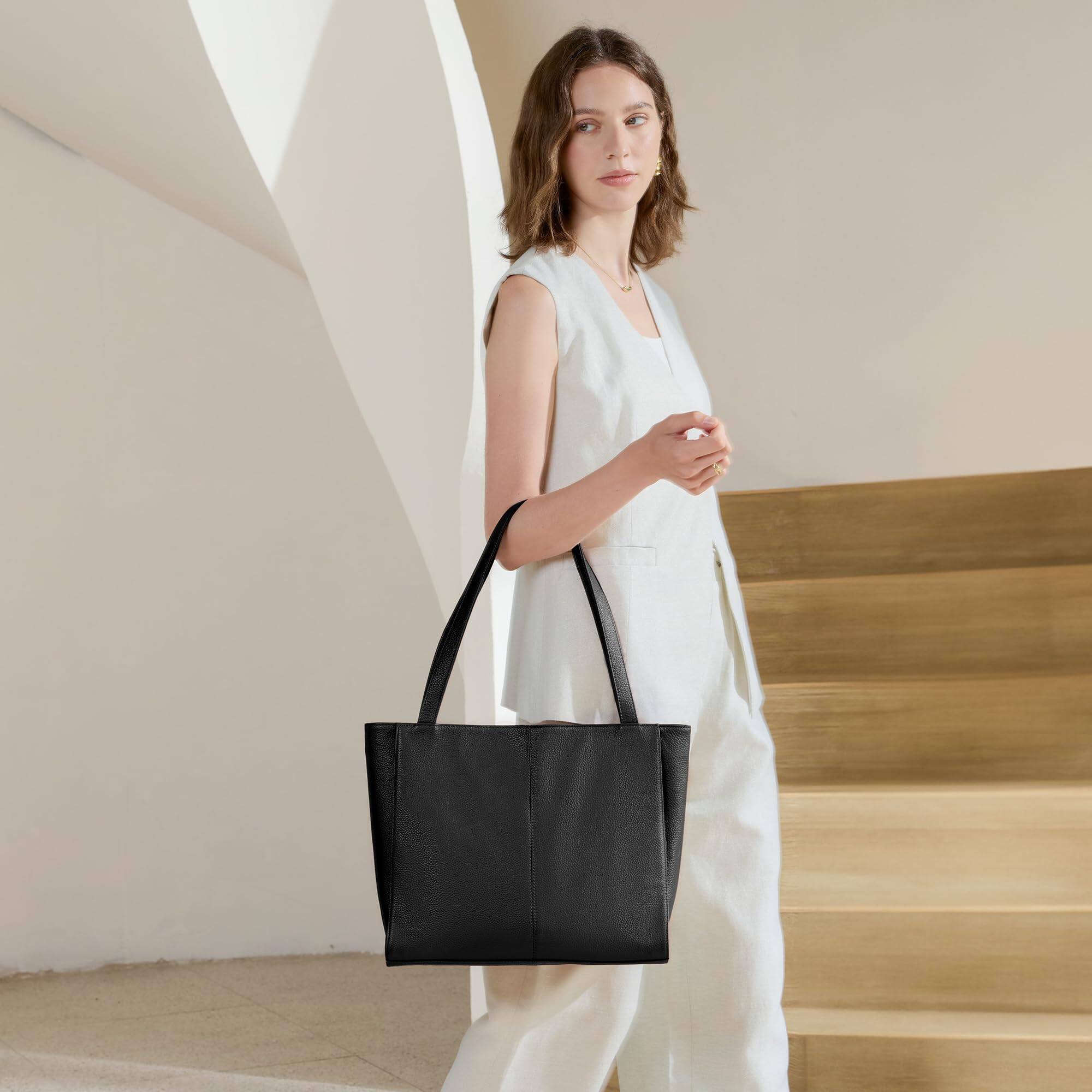 Left. Fabibe - Genuine Leather Tote Bag For Women Work  Women's Shoulder Bags Purses Satchel Handbags With Laptop Compartment - Cognac Brown 02.