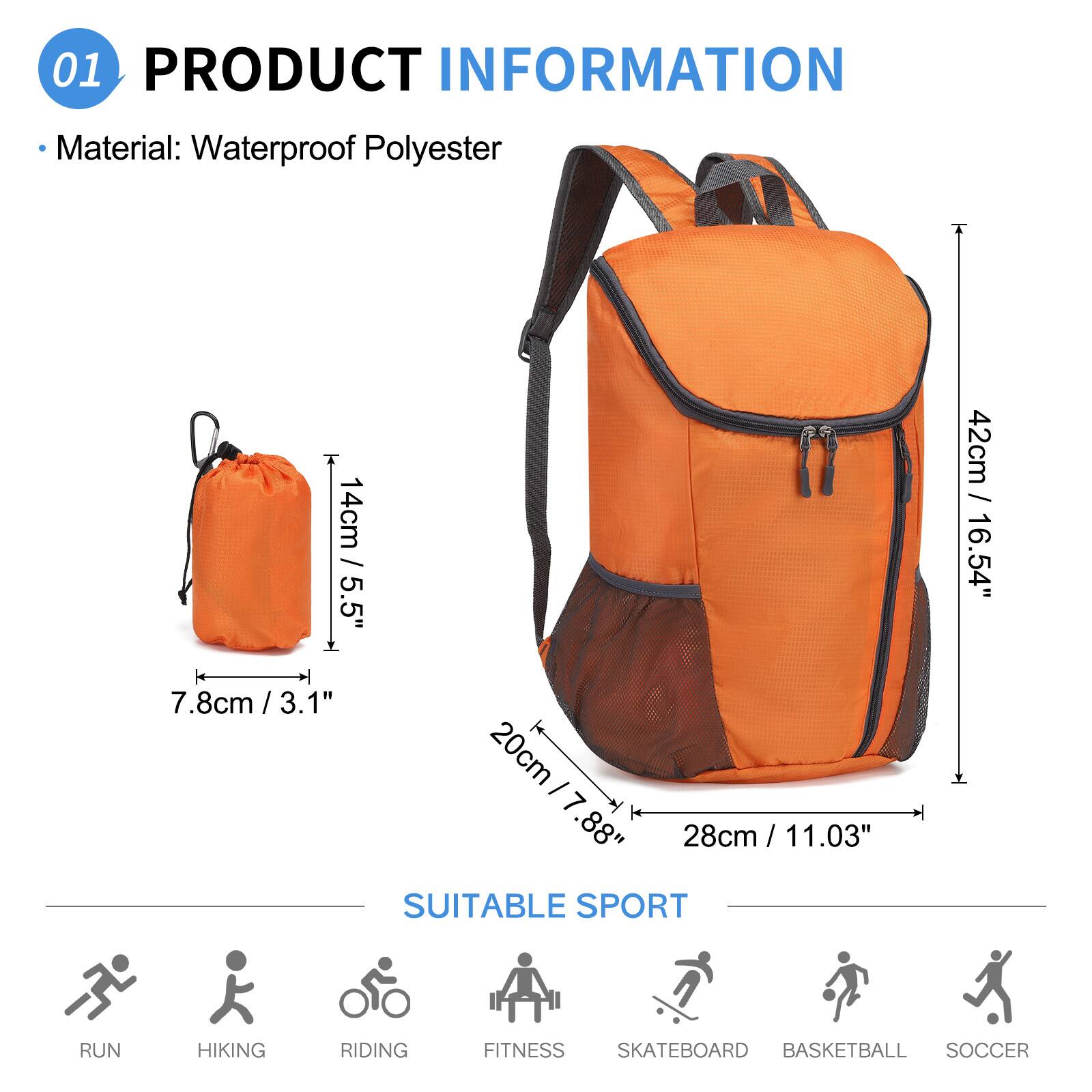 01 PRODUCT INFORMATION  
Material: Waterproof Polyester  

- 14cm / 5.5"  
- 42cm / 16.54"  
- 7.8cm / 3.1"  
- 20cm / 7.88"  
- 28cm / 11.03"  

SUITABLE SPORT  
RUN  
HIKING  
RIDING  
FITNESS  
SKATEBOARD  
BASKETBALL  
SOCCER