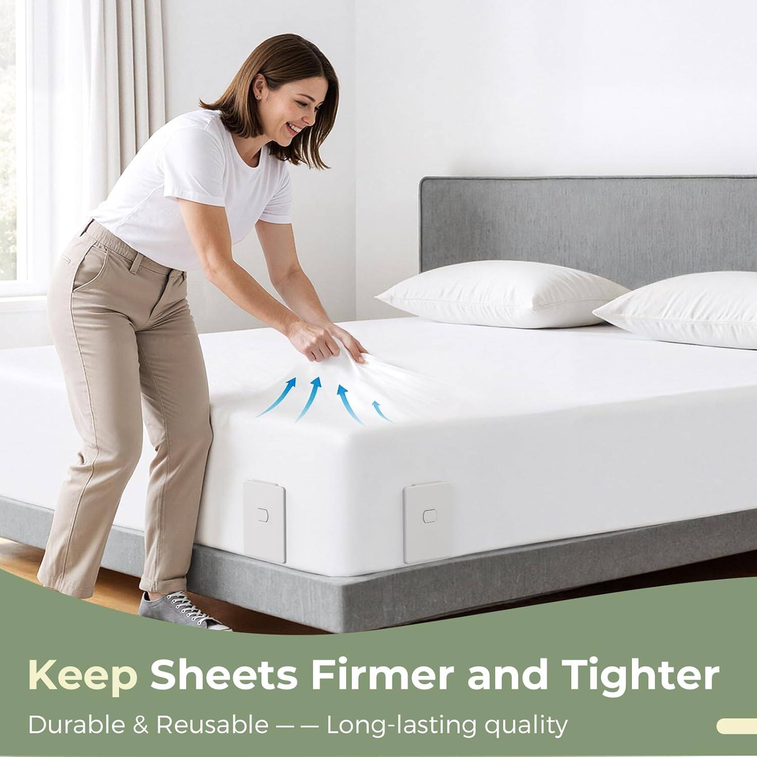 Back. FAUNNA - Extra Large & Wide Bed Sheet Holders for Corners: Heavy Duty Fitted Sheet Holder, Fits Twin/Full/Queen/King Mattress - White.