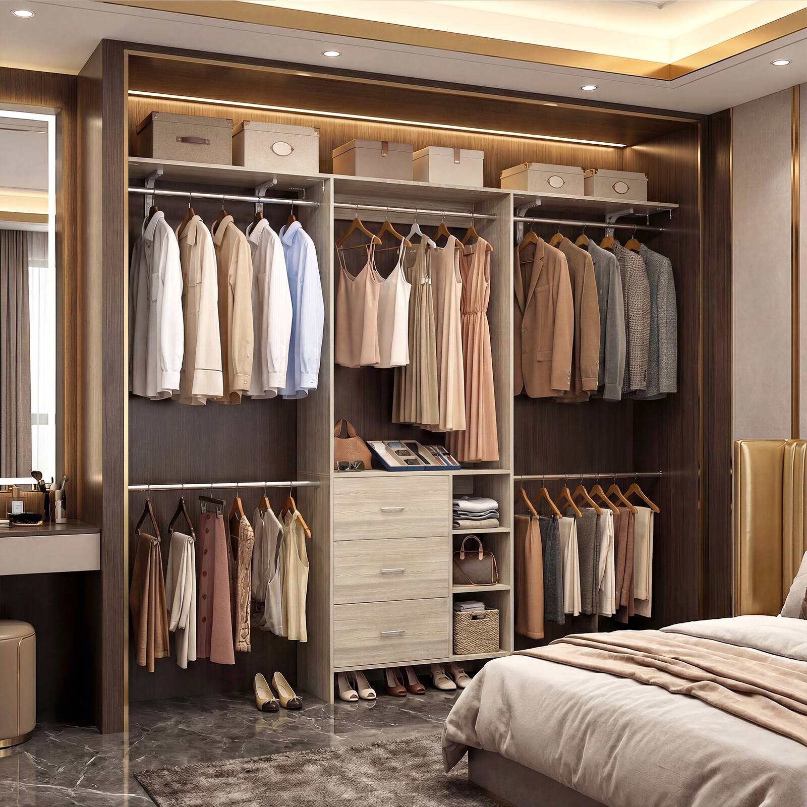 Left. Aheaplus - 96" Freestanding Closet Organizer: 3 Wood Drawers, Hanging Rods & Shelves. Adjustable (5.3-9ft) - White Oak.