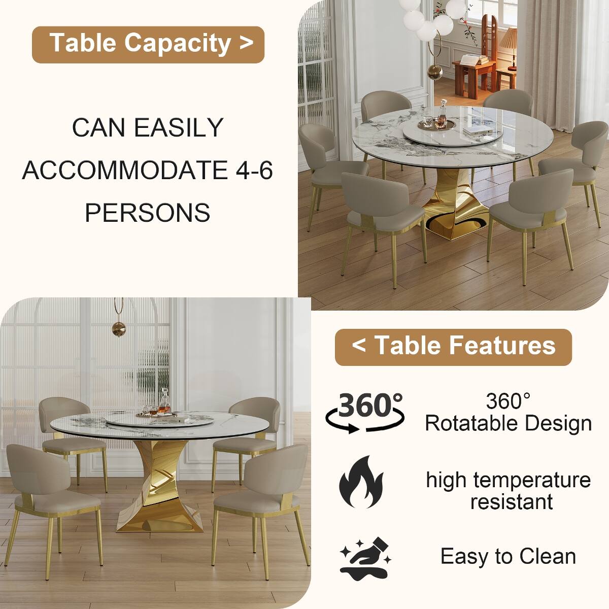 Table Capacity  
CAN EASILY ACCOMMODATE 4-6 PERSONS

Table Features  
360° Rotatable Design  
high temperature resistant  
Easy to Clean