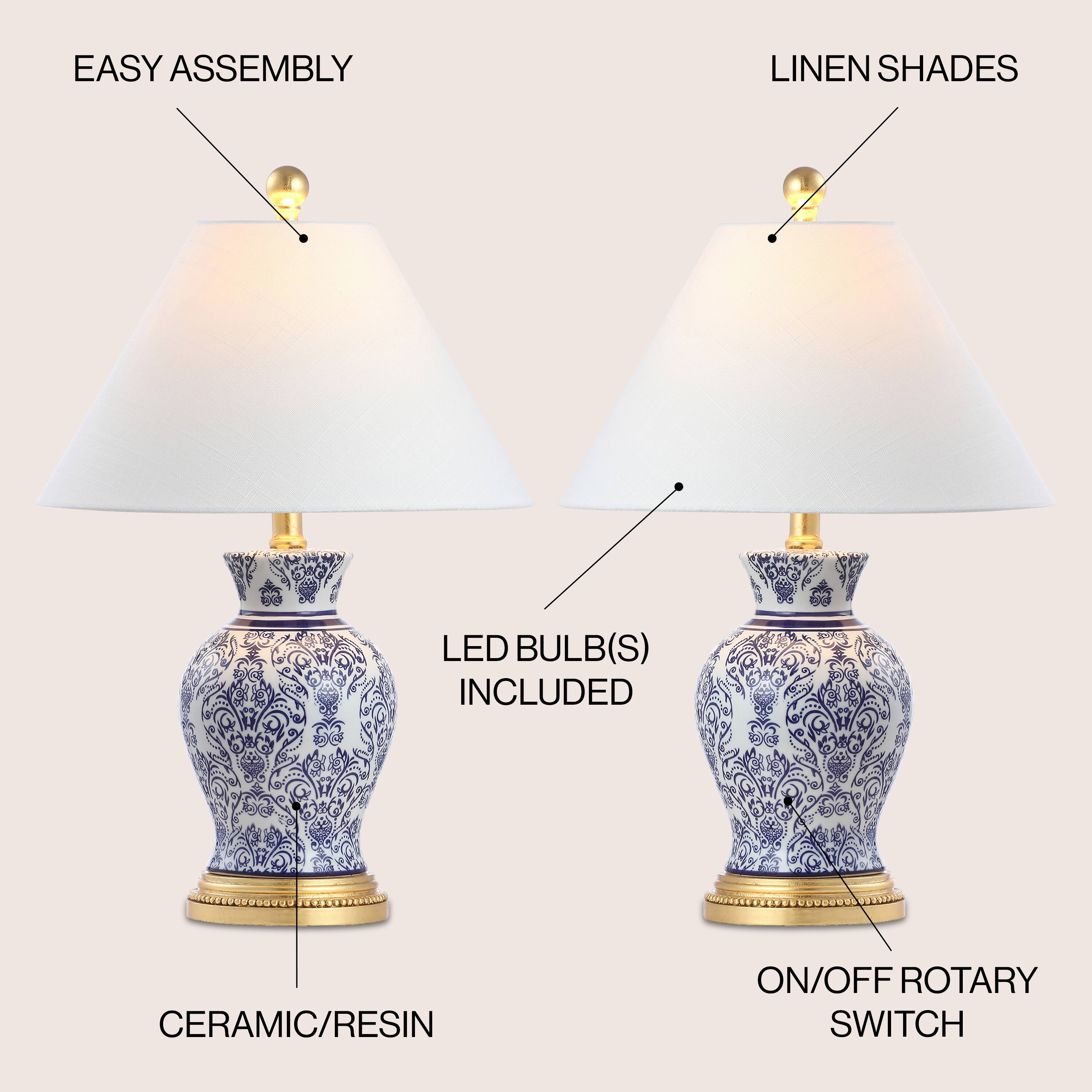 EASY ASSEMBLY  
LINEN SHADES  
LED BULB(S) INCLUDED  
CERAMIC/RESIN  
ON/OFF ROTARY SWITCH