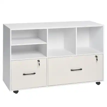 Front. HTUTWOO - 2 Drawer Wooden File Cabinet -Mobile Filing Cabinet with Open Storage,Lockable Rolling File Organizer,Adjustable Shelves - White.