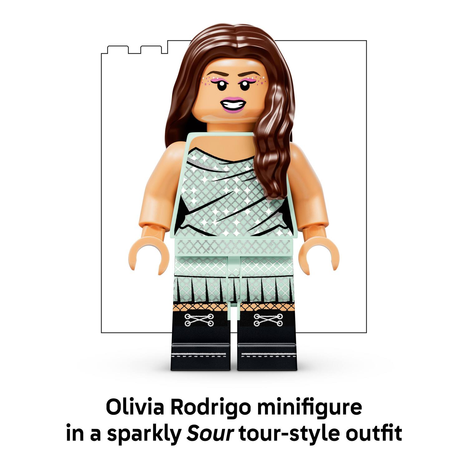 Olivia Rodrigo minifigure in a sparkly Sour tour-style outfit
