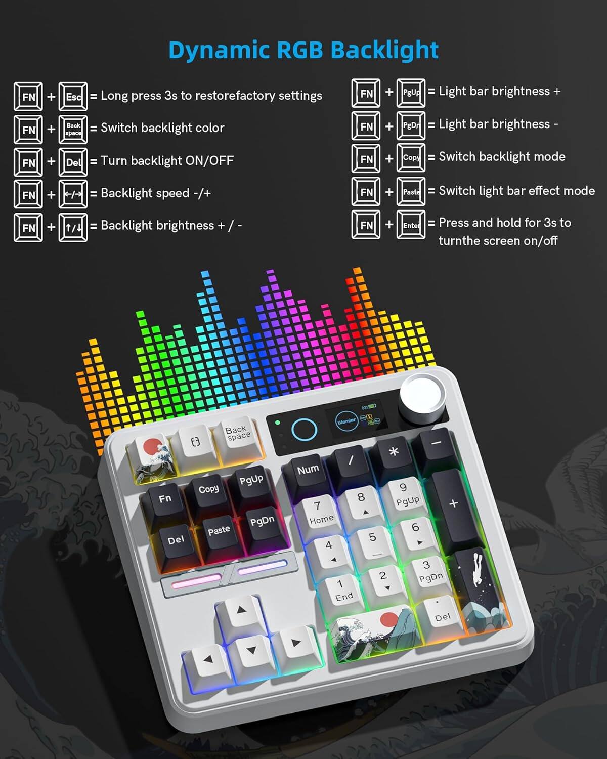 Dynamic RGB Backlight

- FN + Esc = Long press 3s to restore factory settings
- FN + Back space = Switch backlight color
- FN + Del = Turn backlight ON/OFF
- FN + /> = Backlight speed -/+
- FN + 1/4 = Backlight brightness +/-
- FN + Ente = Press and hold for 3s to turn the screen on/off

- FN + PgUp = Light bar brightness +
- FN + PgDn = Light bar brightness -
- FN + Copy = Switch backlight mode
- FN + Paste = Switch light bar effect mode
- FN + Ente = Press and hold for 3s to turn the screen on/off