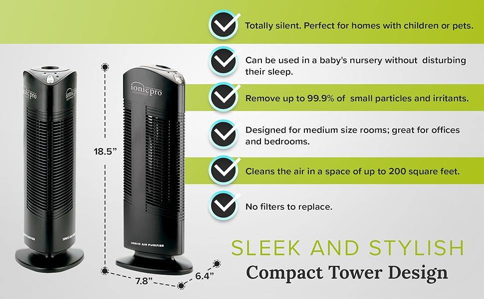 Totally silent. Perfect for homes with children or pets.  
nicpro ionicA ionic COMPACT pro  
Can be used in a baby's nursery without disturbing their sleep.  
Remove up to 99.9% of small particles and irritants.  
18.5"  
Designed for medium size rooms; great for offices and bedrooms.  
Cleans the air in a space of up to 200 square feet.  
No filters to replace.  
FERIC IONIO AIR PURIFIER  
7.8"  
SLEEK AND STYLISH  
6.4"  
Compact Tower Design