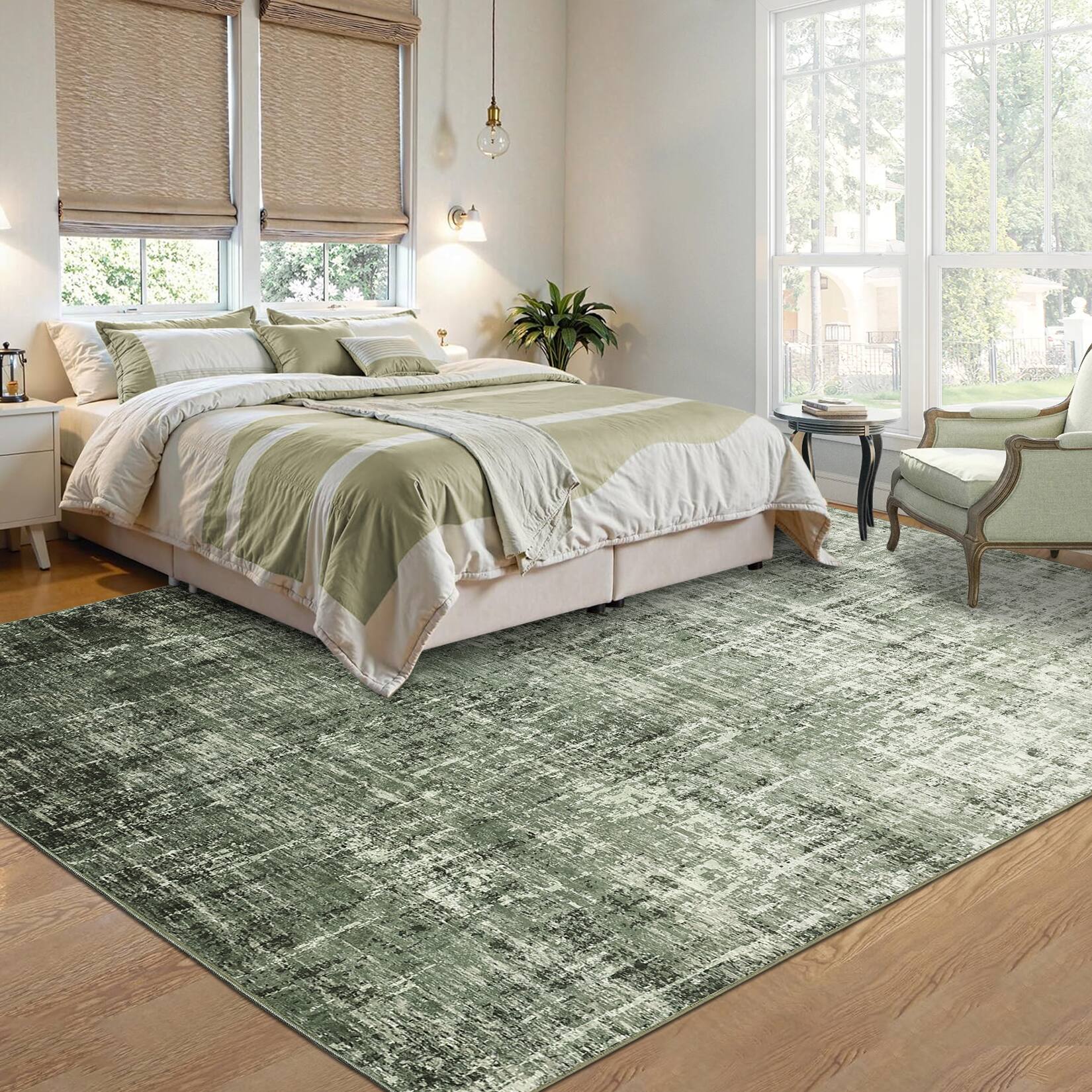Back. Jojoka - Gradient Mirage Abstract Area Rug Machine Washable Carpet with Non Slip Backing Ultra Thin Rug for Modern Interiors - Grey Green.