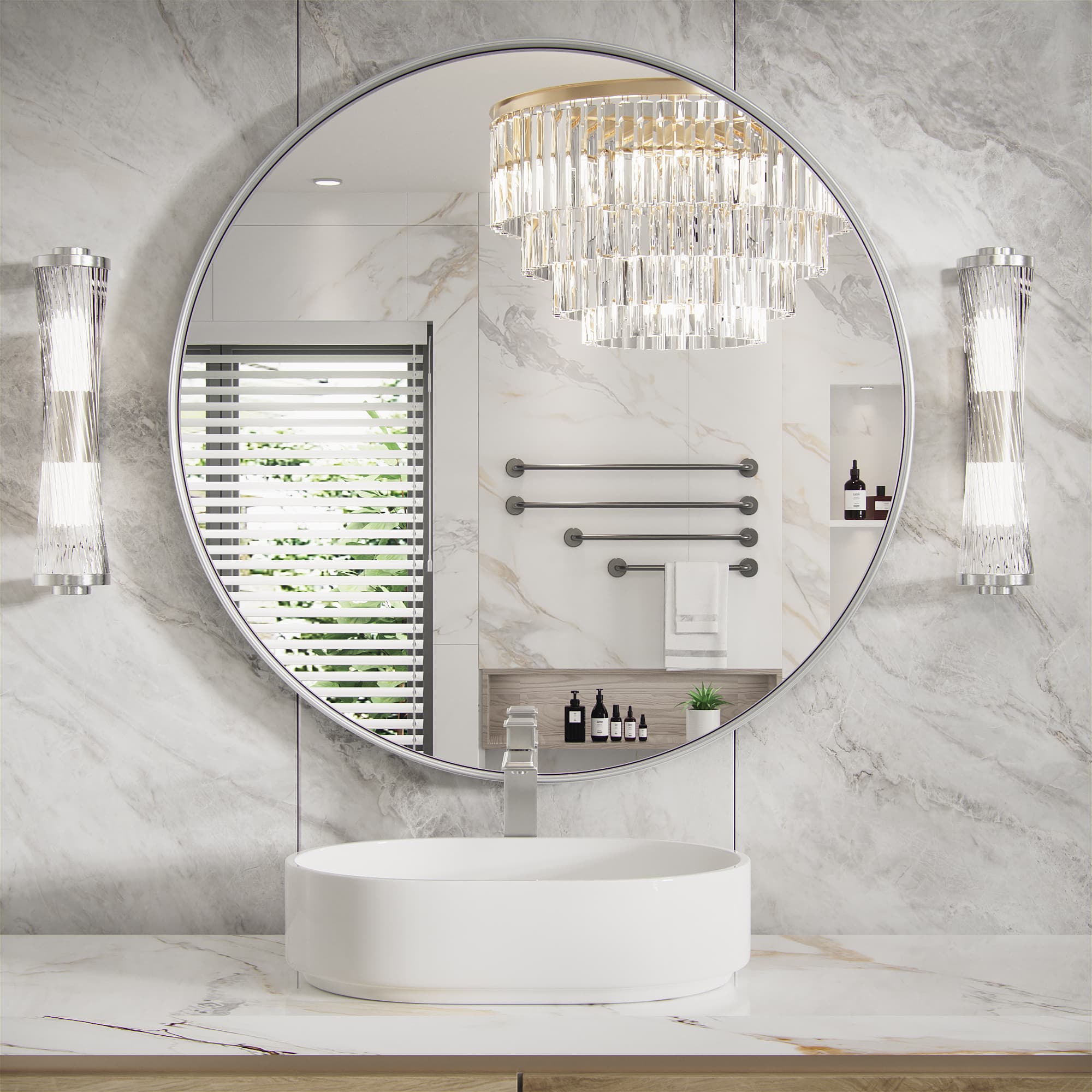 PAIHOME - 24"x24" Medium Round Mirror Metal Framed Wall Mirrors Iron Bathroom Vanity Mirror Decorative Mirror - Silver