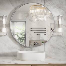 PAIHOME - 24"x24" Medium Round Mirror Metal Framed Wall Mirrors Iron Bathroom Vanity Mirror Decorative Mirror - Silver