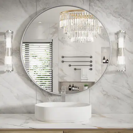 Front. PAIHOME - 24"x24" Medium Round Mirror Metal Framed Wall Mirrors Iron Bathroom Vanity Mirror Decorative Mirror - Silver.