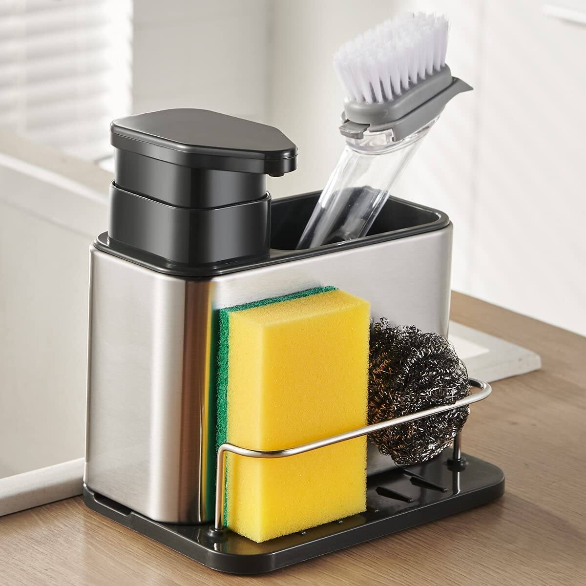Dapper Styles Dish Soap Dispenser 3 in 1 Sponge Holder For Kitchen Sink ...