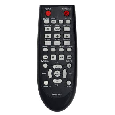 POWER TV POWER SAT SOURCE SOUND SPEAKER EFFECT Aiy SAT MUTE SMART 3D SOUND VOLUME + VOLUME + S/W LEVEL + AUDIO SYNC - - - REPEAT DRC DIMMER AUTO POWER D TV POWER SPEAKER START 3D SOUND TV SOURCE TV CH TV INFO i TV VOL TV MUTE + TV VOL TV PRE-CH TV CH TV EXIT AH59-02434A