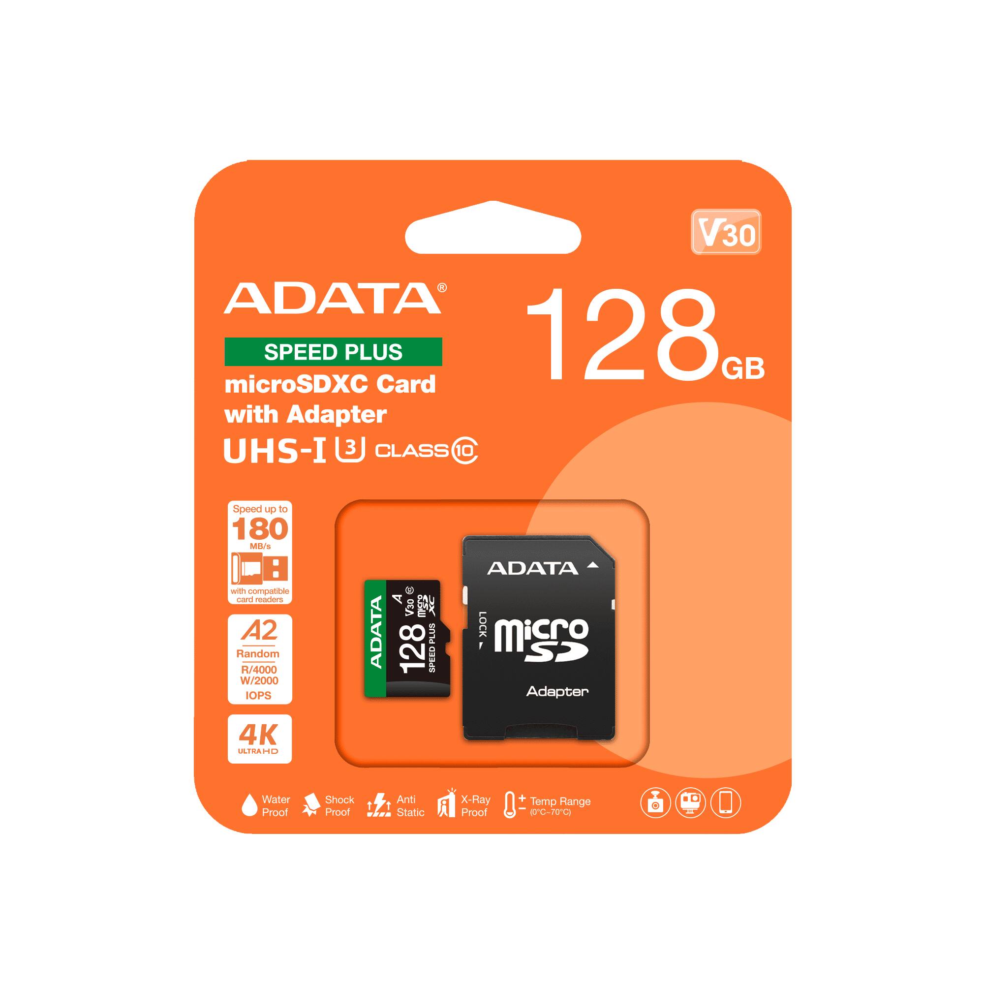 ADATA SPEED PLUS 128GB microSDXC Card with Adapter UHS-I 3 CLASS 10 Speed up to 180 MB/s with compatible card readers A2 Random R/4000 W/2000 IOPS 4K ULTRAHD V30 A V3s I AC PLUS 128 SPEED ADATA LOCK 1 SP Adapter 4K MSANU Water Proof Shock Proof Anti Static X-Ray Proof + Temp Range (0G-70-C
