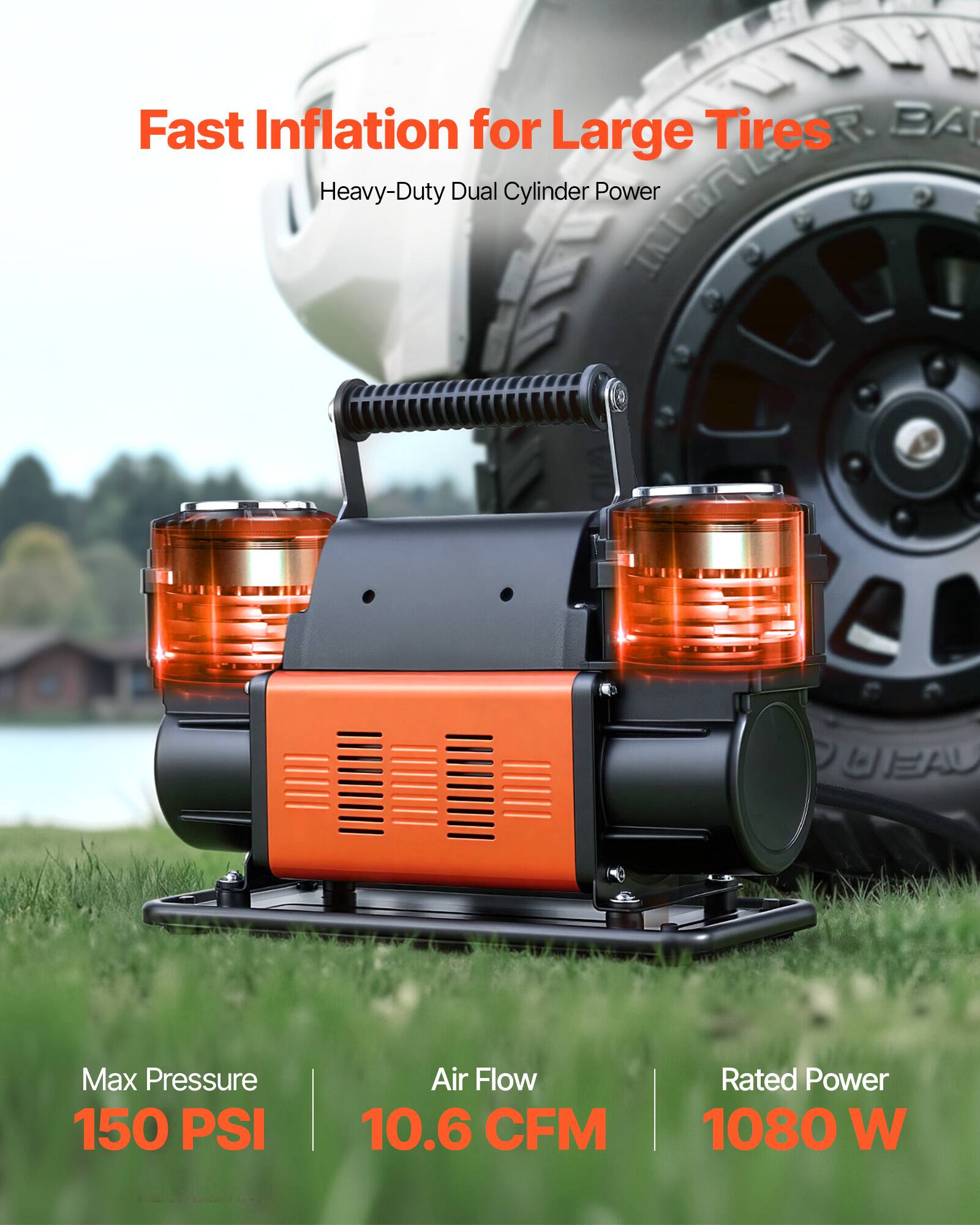 Fast Inflation for Large Tires  
Heavy-Duty Dual Cylinder Power  

Max Pressure: 150 PSI  
Air Flow: 10.6 CFM  
Rated Power: 1080 W