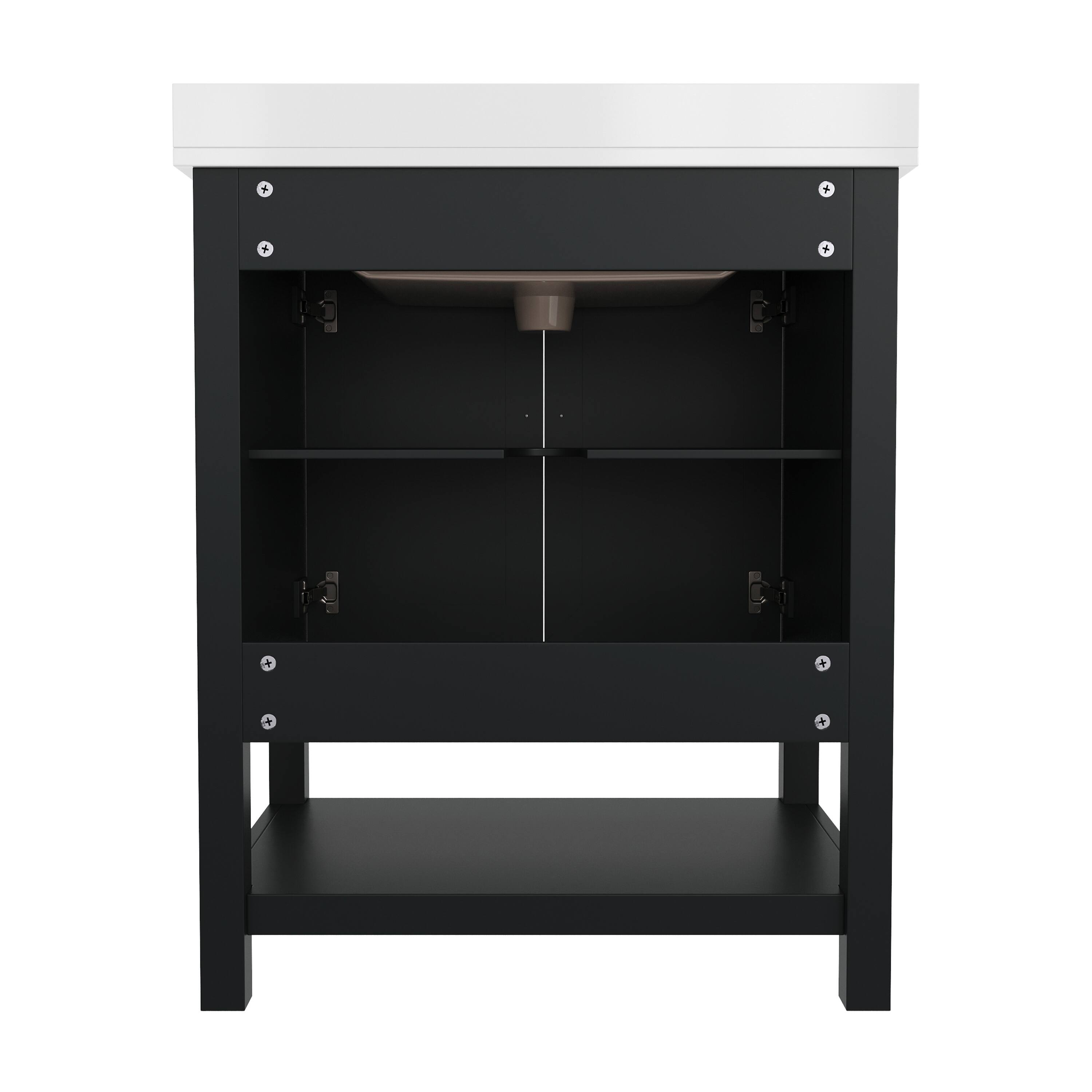 Alt View 5. Emma + Oliver - Vesta Bathroom Vanity, Single Sink Cabinet with 2 Soft Close Doors and Open Shelf, Carrara Marble Finish Countertop - Black Frame/Nickel Hardware.