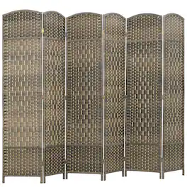 Homcom - 6 Panel Room Divider, 6' Tall Folding Privacy Screen, Hand-Woven Freestanding Wall Partition for Home Office, Bedroom - Brown