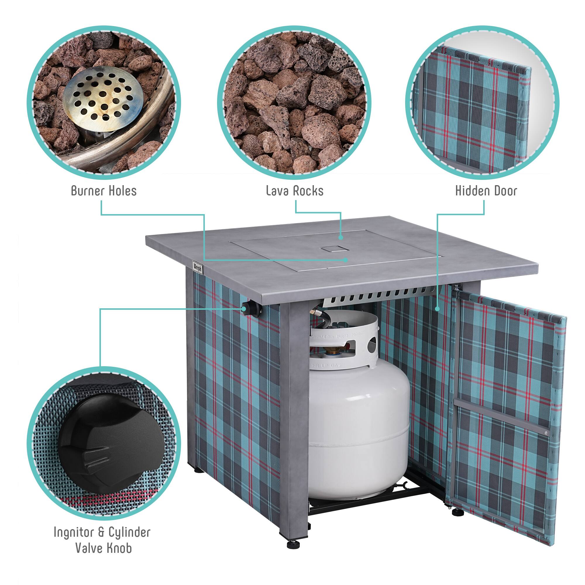 - Burner Holes
- Lava Rocks
- Hidden Door
- Ignitor & Cylinder Valve Knob