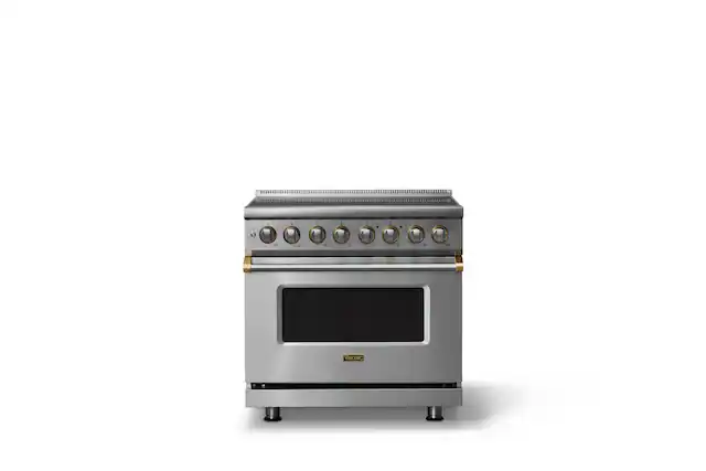 Front. Viking - 36"W. 5.6 Cu.Ft. Pro5S 6 Element Freestanding Electric Induction Convection Range - Stainless Steel/Brushed Brass - Stainless Steel.