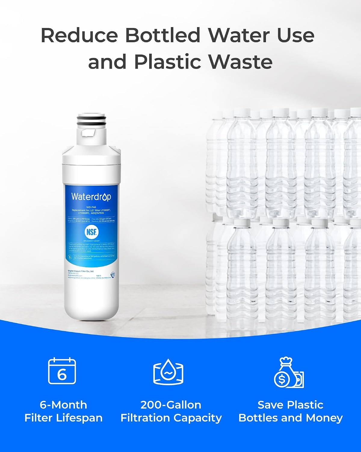 Reduce Bottled Water Use and Plastic Waste

Waterdrop 2020 PAS the CO-TI00DF T10000DC ADULTURE

NSF

Organ

LAY

6

6-Month 200-Gallon Save Plastic Filter Lifespan Filtration Capacity Bottles and Money