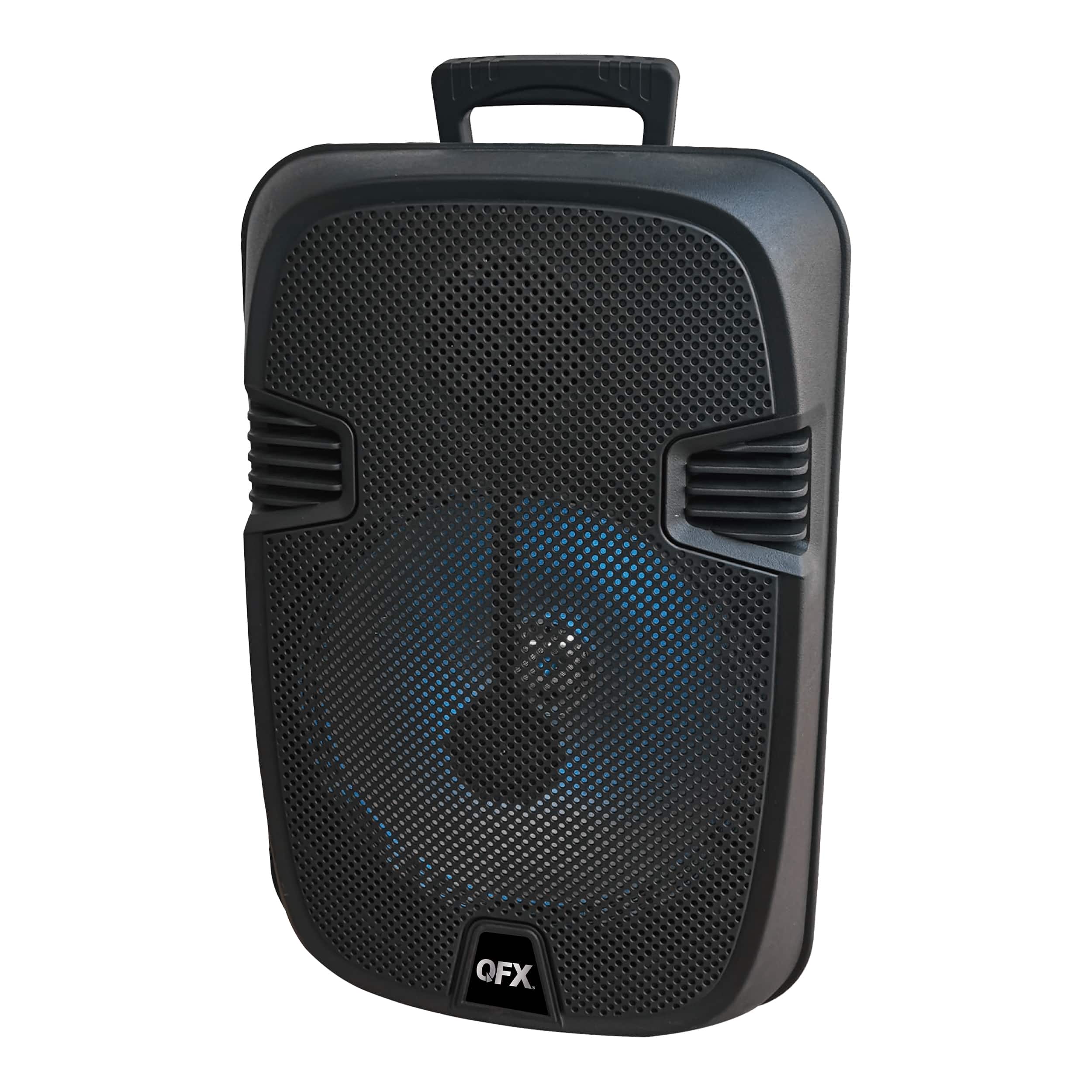 Left. QFX - 12” Bluetooth Rechargeable Portable Speaker with Stand, Microphone and LED Party Lights - Black.