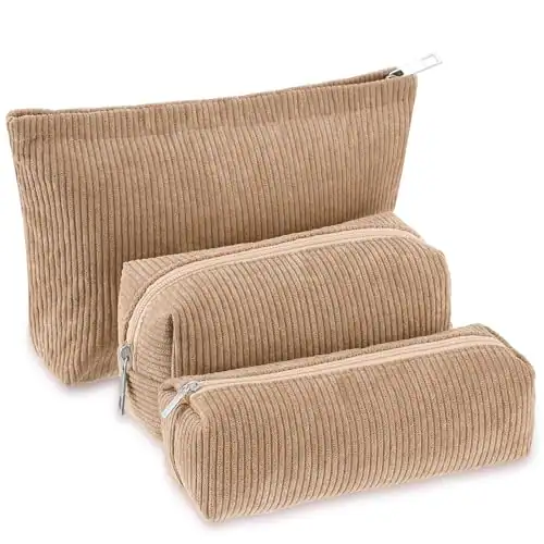 Front. Fabibe - 3 Makeup Bag Set For Women Corduroy Pouch Aesthetic Smile Travel Toiletry Cute Purse Pencil Case Brushes Storage Organiz - Khaki-Solid Style.